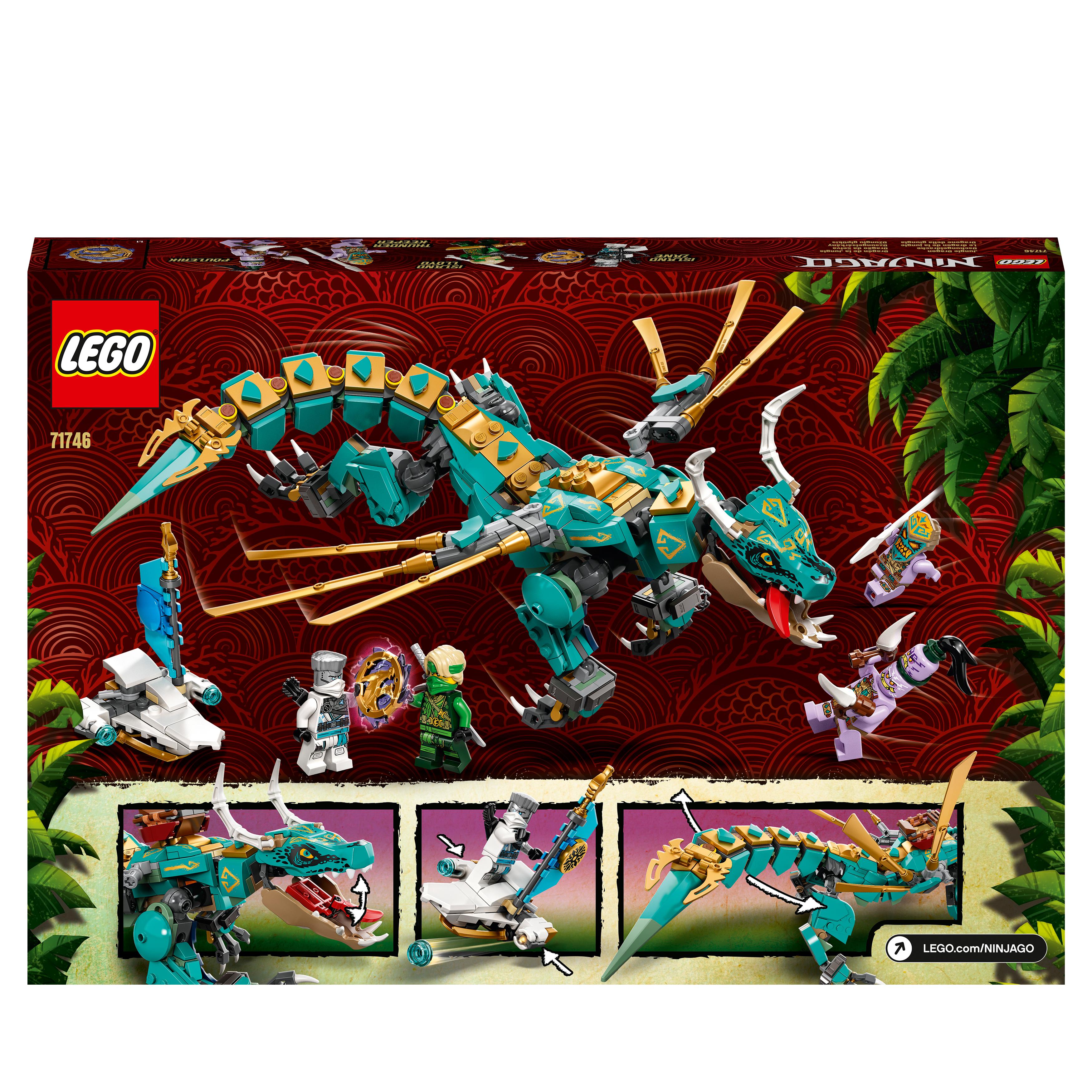 LEGO NINJAGO Jungle Dragon Toy Set 71746 with posable dragon and 4 minifigures for island adventures.
