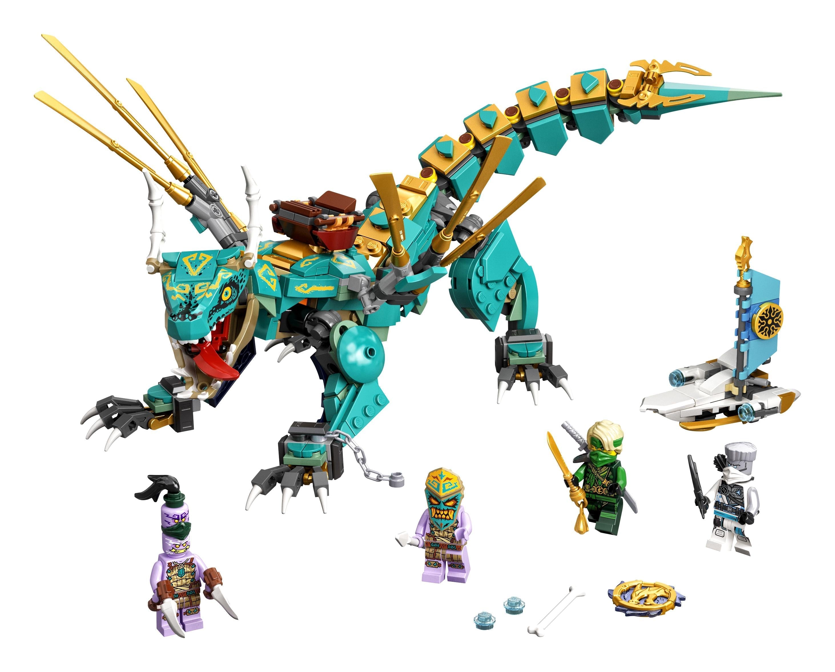 LEGO NINJAGO Jungle Dragon Toy Figure Set 71746 with posable dragon and 4 cool minifigures for exciting island adventures.