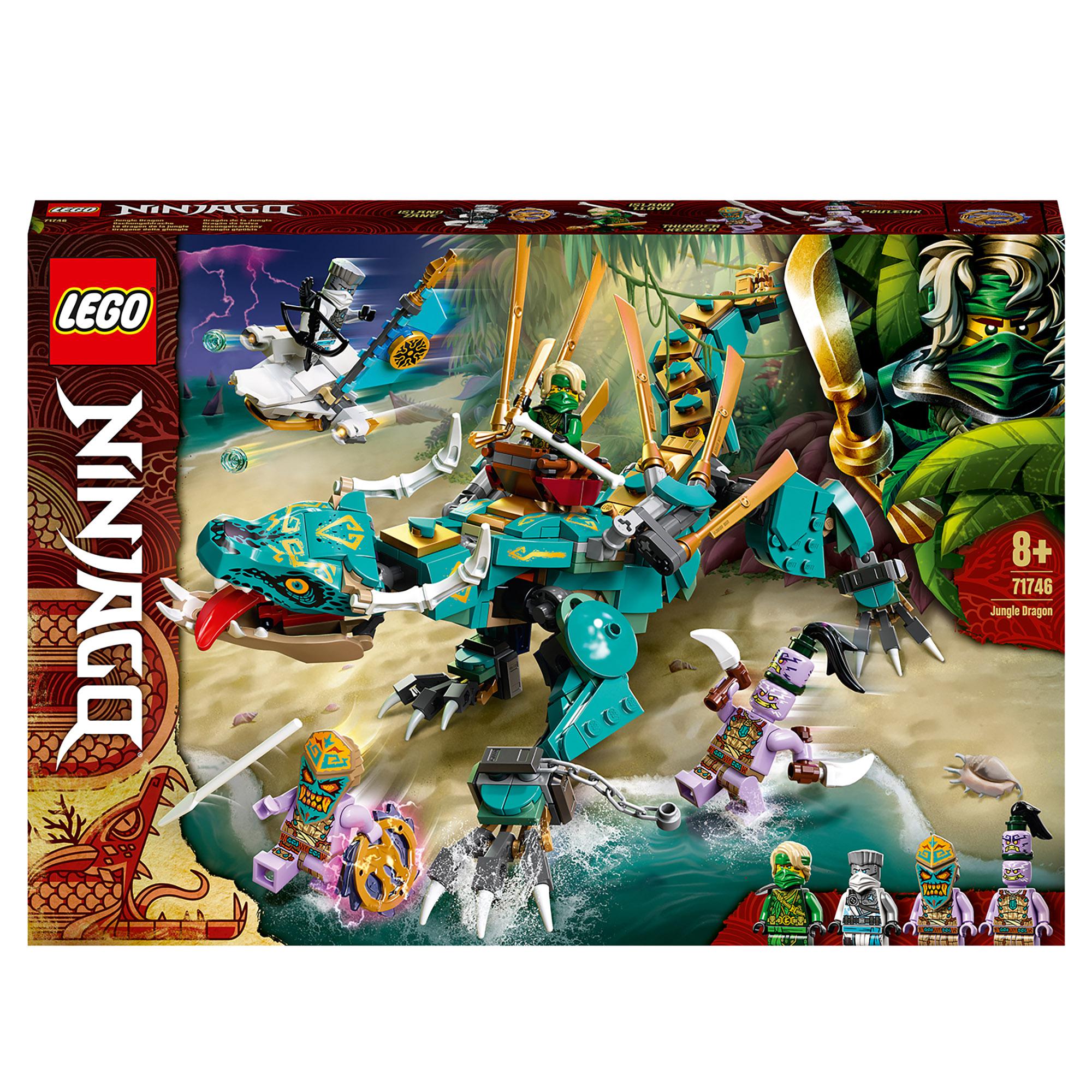 LEGO® NINJAGO Jungle Dragon Toy Figure Set 71746 with posable dragon and 4 minifigures for island adventures.