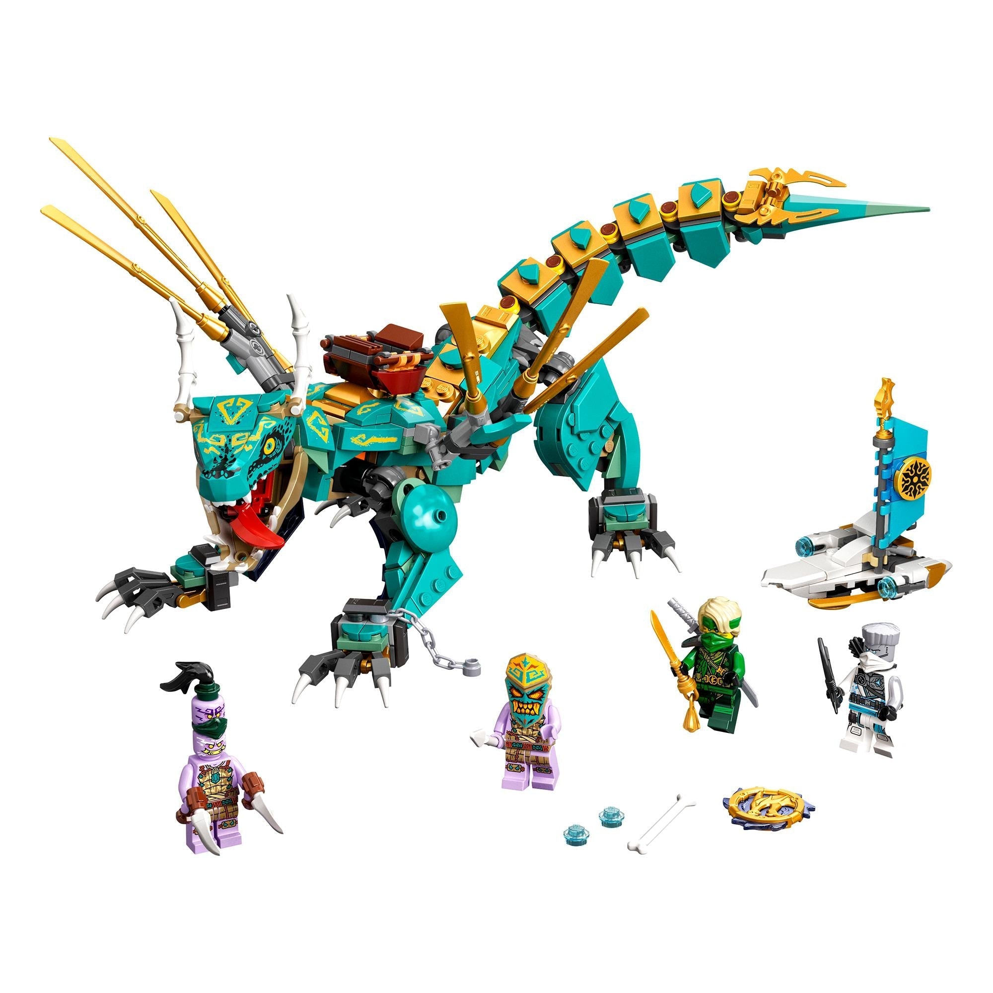 LEGO NINJAGO Jungle Dragon Toy Figure Set 71746 with posable dragon and 4 minifigures for island adventures.