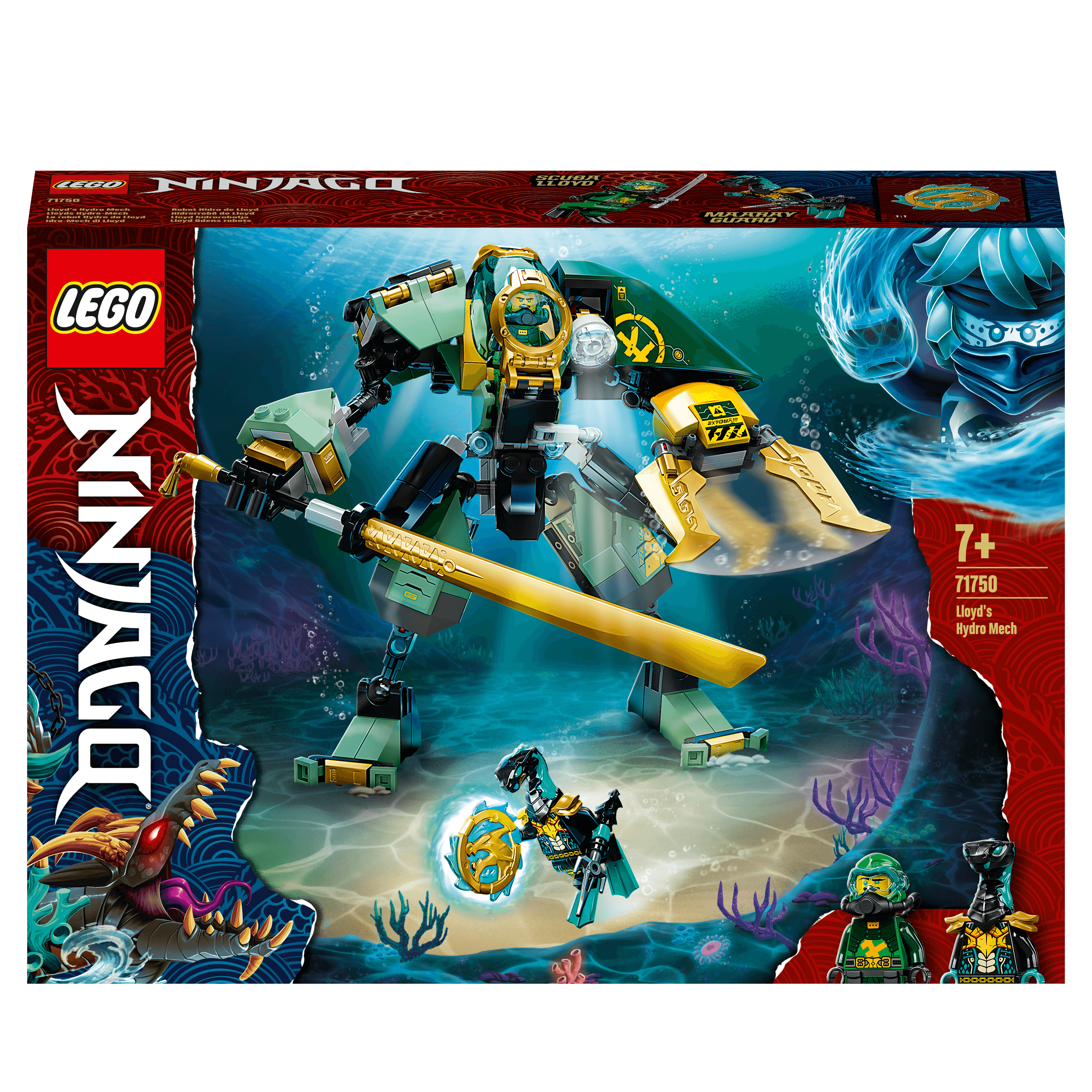 LEGO NINJAGO Lloyd's Hydro Mech set 71750 featuring minifigures, underwater theme, and action play.