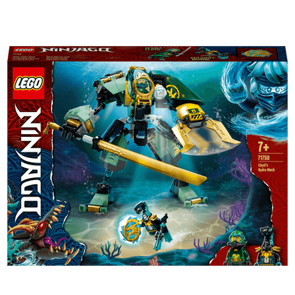 LEGO NINJAGO Lloyd's Hydro Mech set 71750 featuring minifigures, underwater theme, and action play.