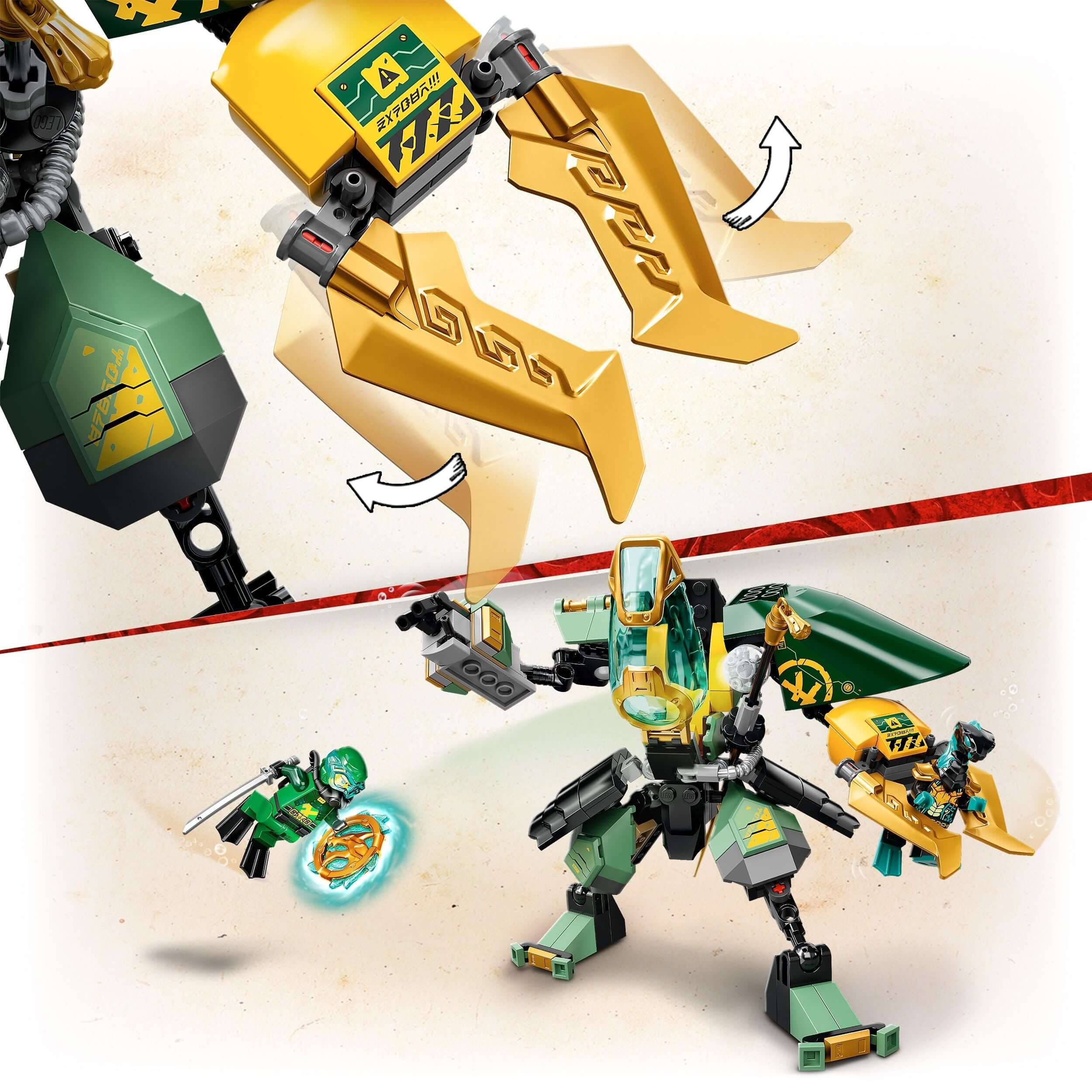 LEGO NINJAGO Lloyd's Hydro Mech Set 71750 with minifigures in underwater action scene.