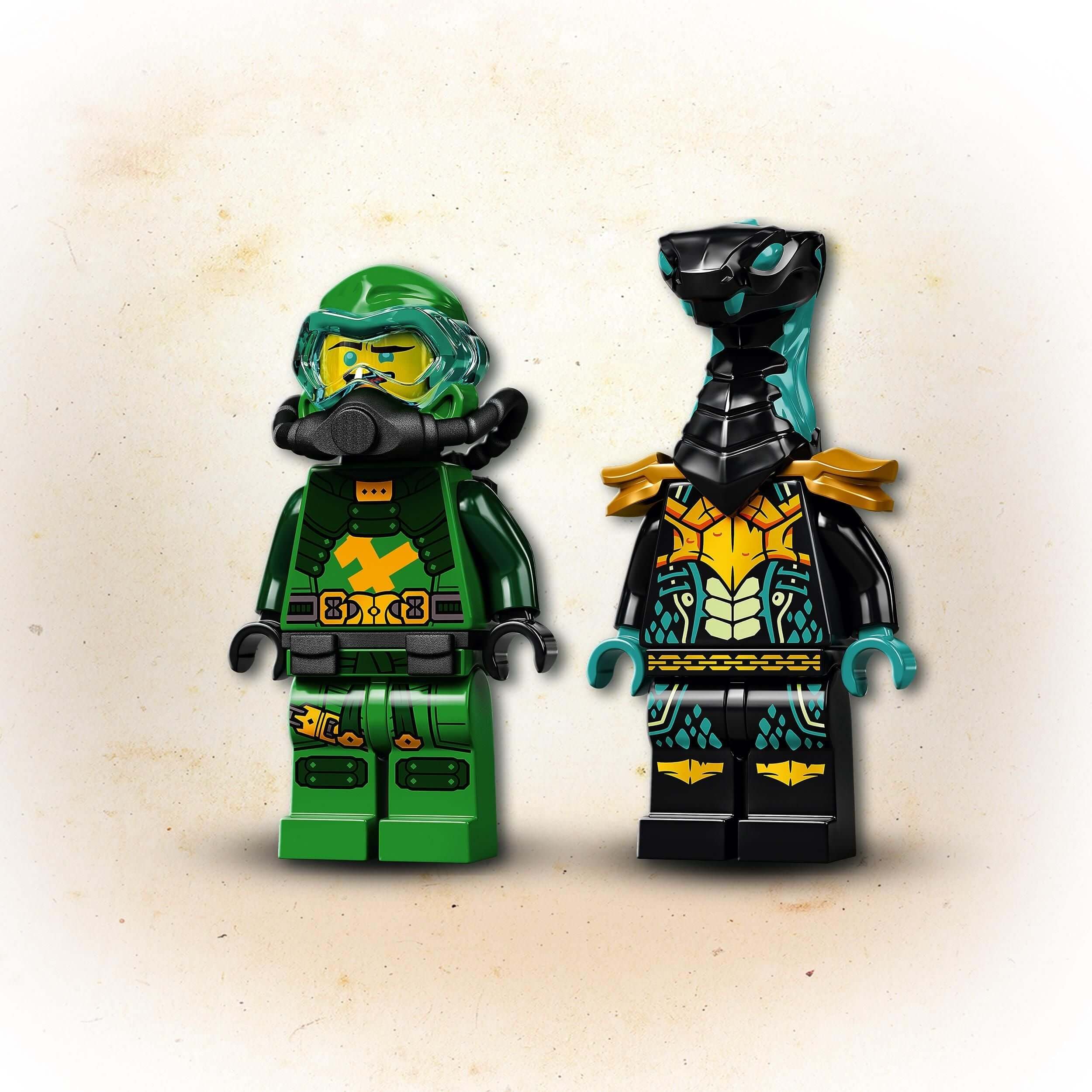 LEGO NINJAGO Lloyd's Hydro Mech minifigures, featuring Lloyd in green and an underwater serpent warrior.