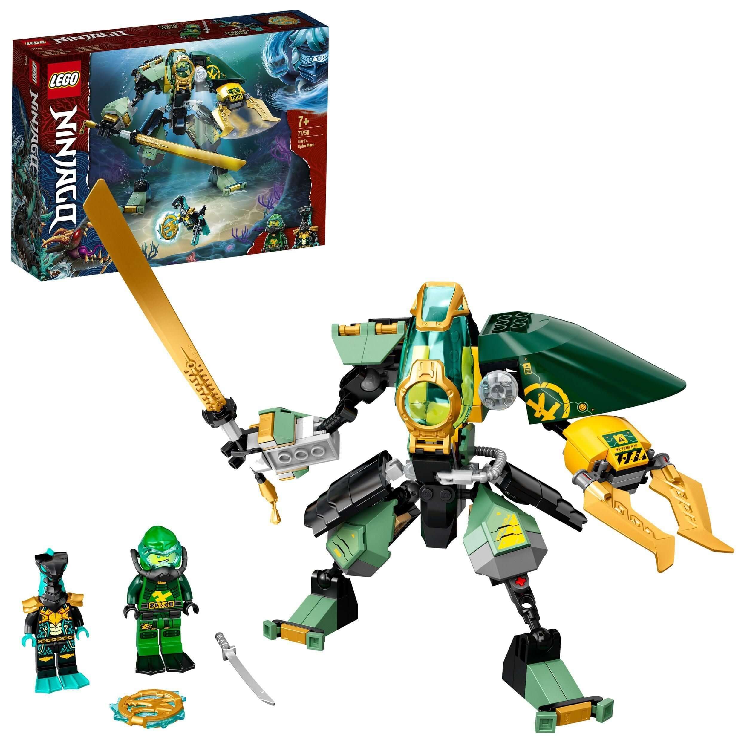 LEGO NINJAGO Lloyd’s Hydro Mech 71750 set with minifigures and packaging, perfect for underwater action play.