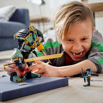 A child joyfully playing with LEGO® NINJAGO Lloyd’s Hydro Mech figure set, featuring an action-packed underwater scene.