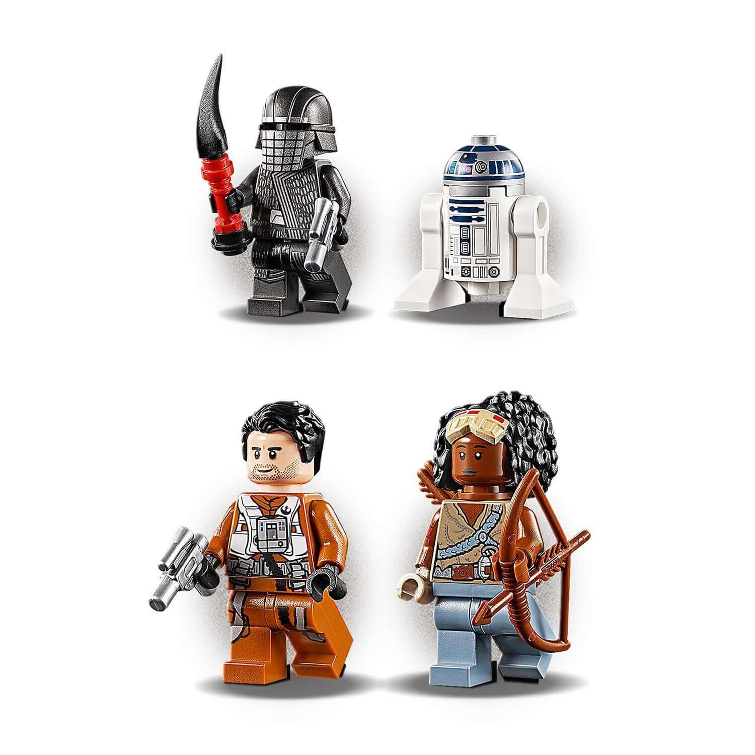 LEGO Star Wars figures set featuring Poe Dameron, Finn, R2-D2, and a Sith with accessories for imaginative play.