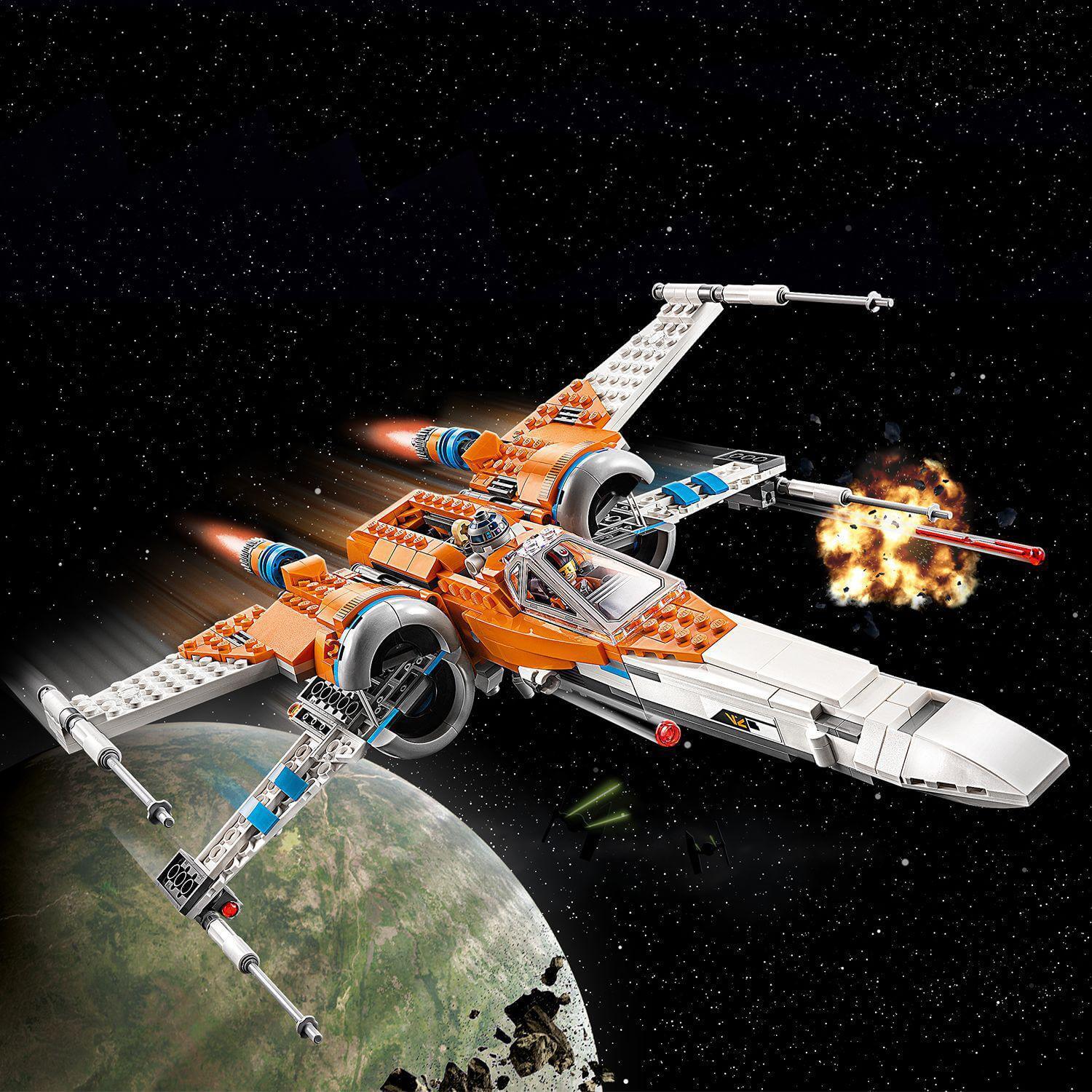 LEGO Star Wars Poe Dameron's X-wing Fighter 75273 flying in space, showcasing missile launch and detailed design.