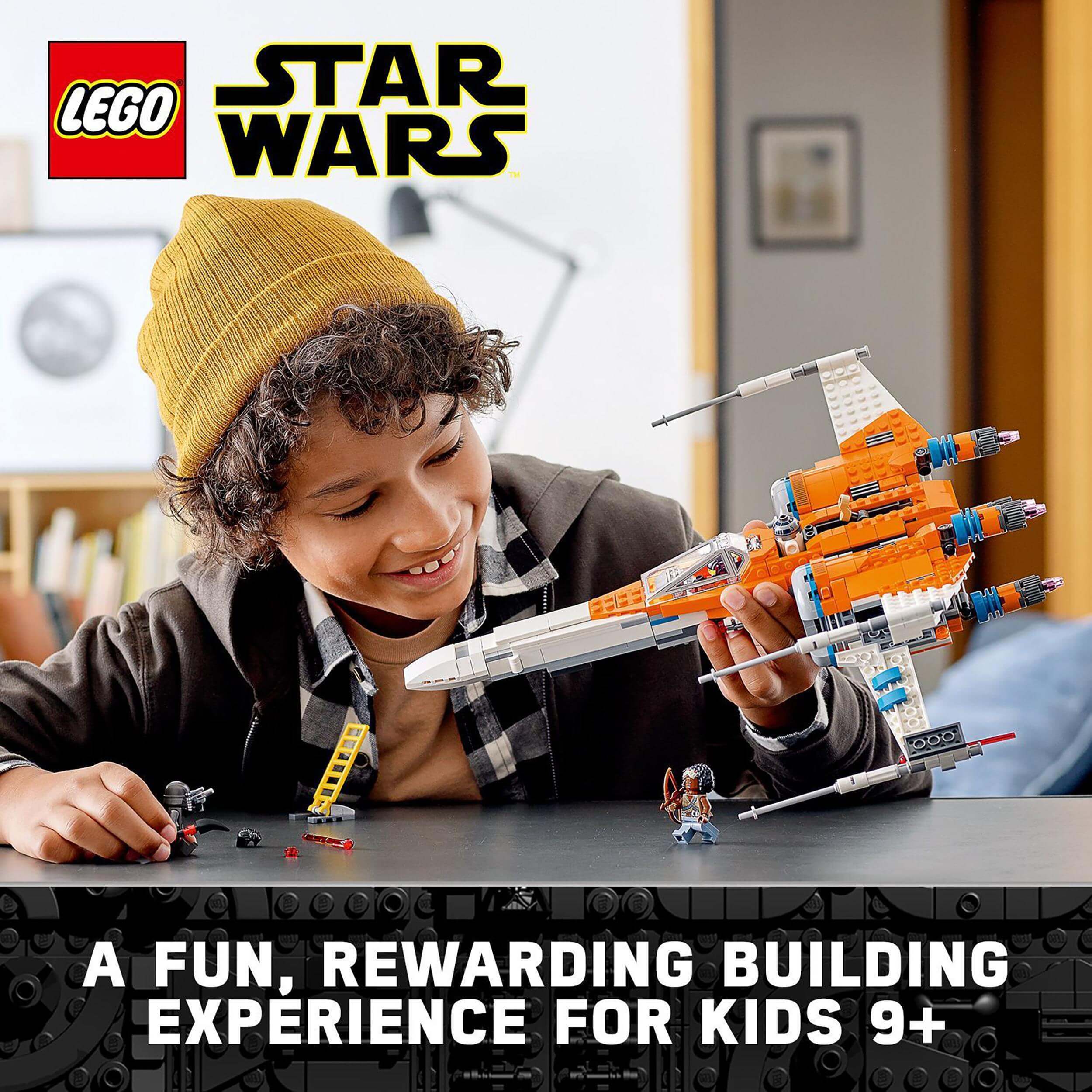 Child enjoying LEGO Star Wars Poe Dameron's X-wing Fighter, a fun building experience for kids 9+.