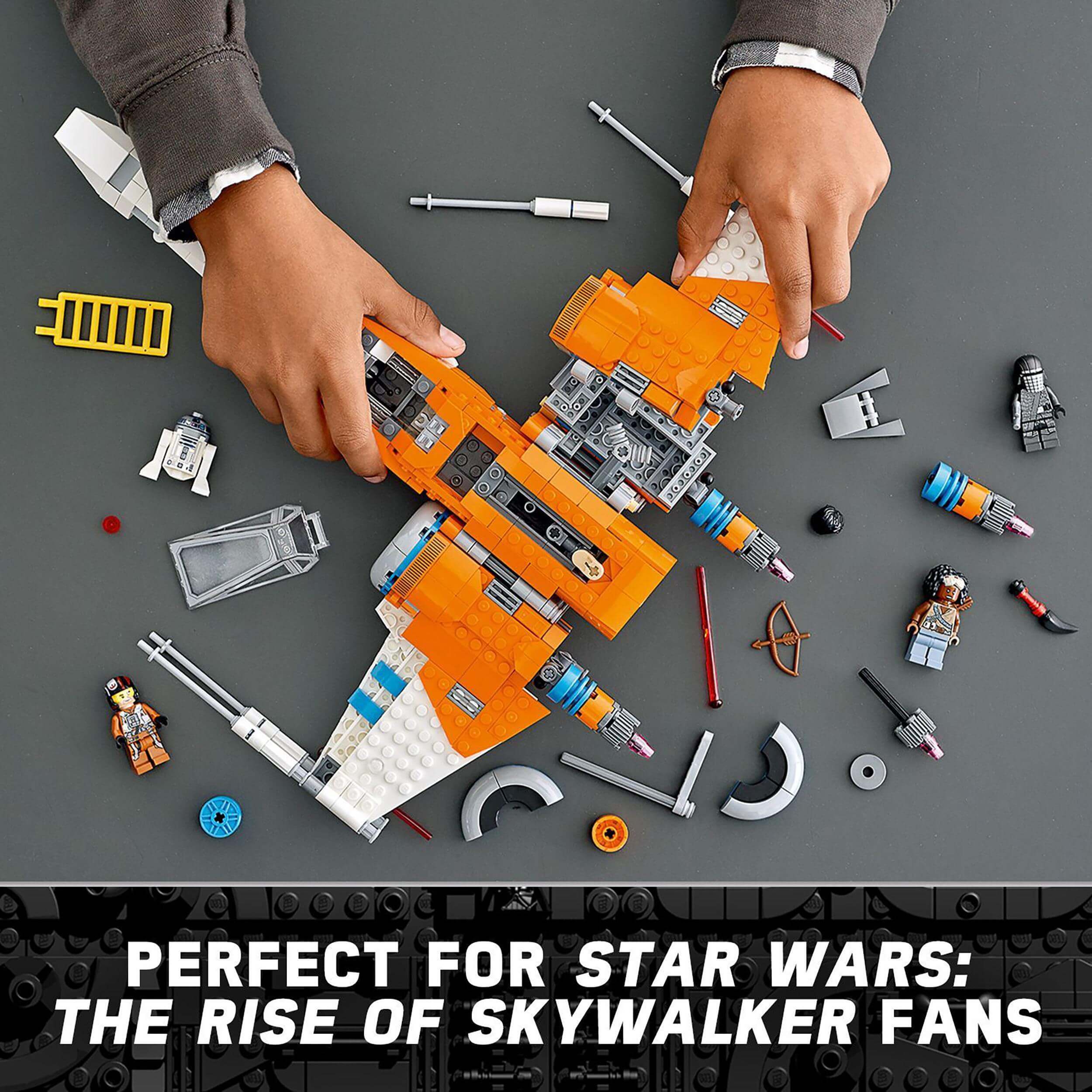 Building LEGO Star Wars Poe Dameron's X-wing Fighter model for kids with various accessories.