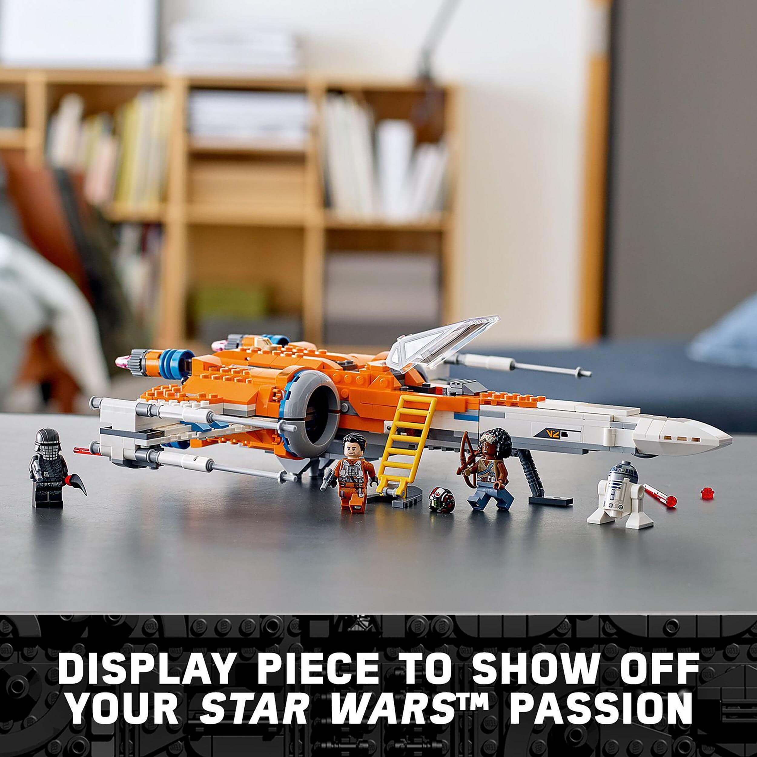 LEGO Star Wars Poe Dameron's X-wing Fighter with mini-figures, showcasing a detailed build for display and play.
