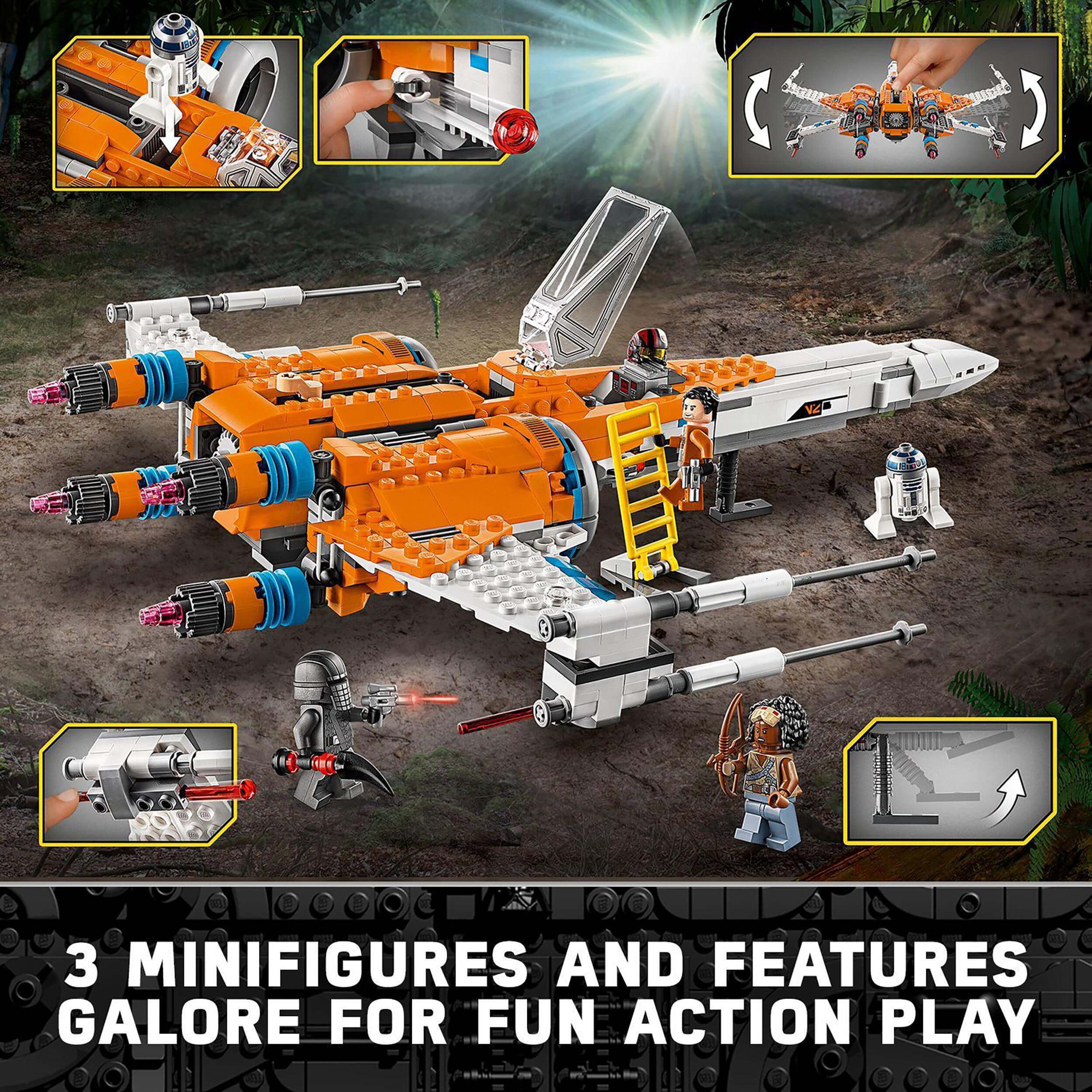 LEGO® Star Wars Poe Dameron's X-wing Fighter 75273, featuring 3 minifigures and missile-shooting action for kids.