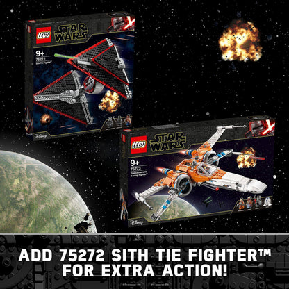 LEGO® Star Wars Poe Dameron' X-wing Fighter™ and Sith TIE Fighter™ displayed in space with explosions.