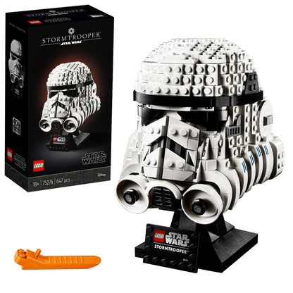 LEGO Star Wars Stormtrooper Helmet Model Set 75276, featuring detailed brick build and display stand.