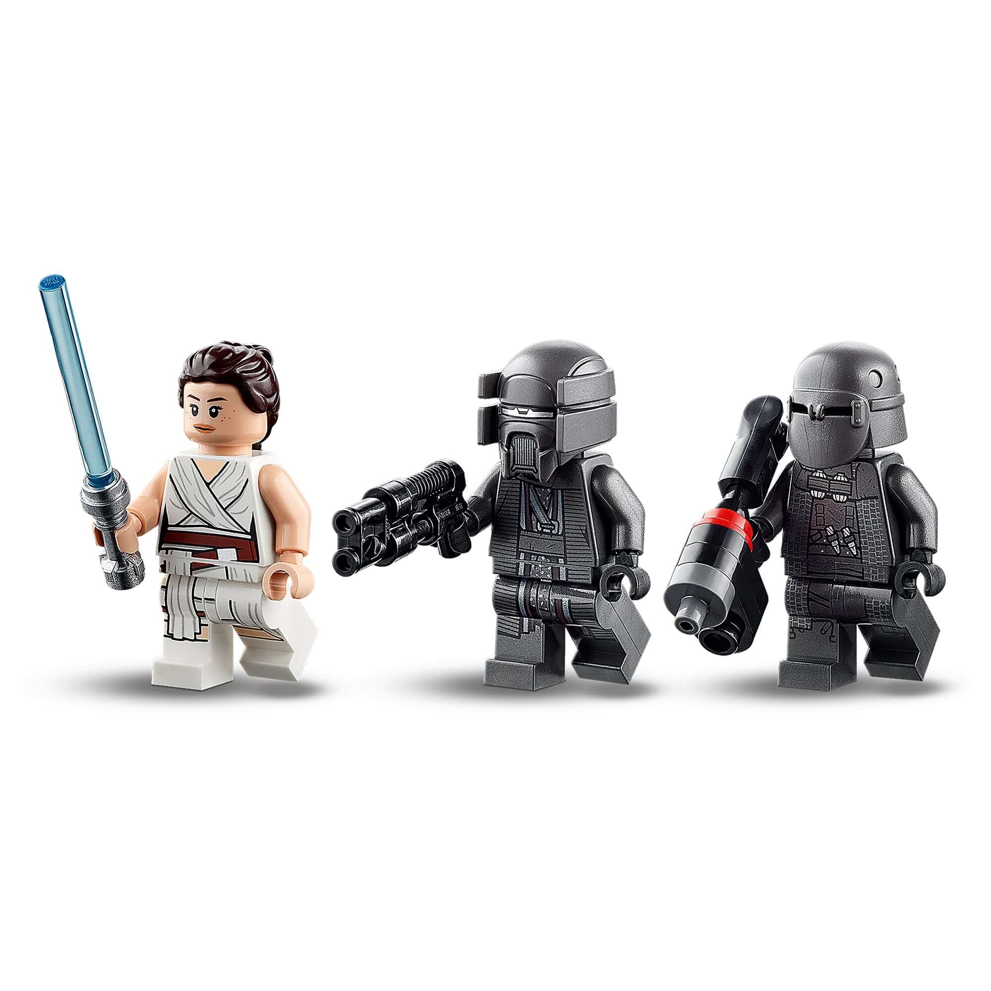 LEGO Star Wars Rey minifigure with blue lightsaber alongside two Knights of Ren figures from set 75284.