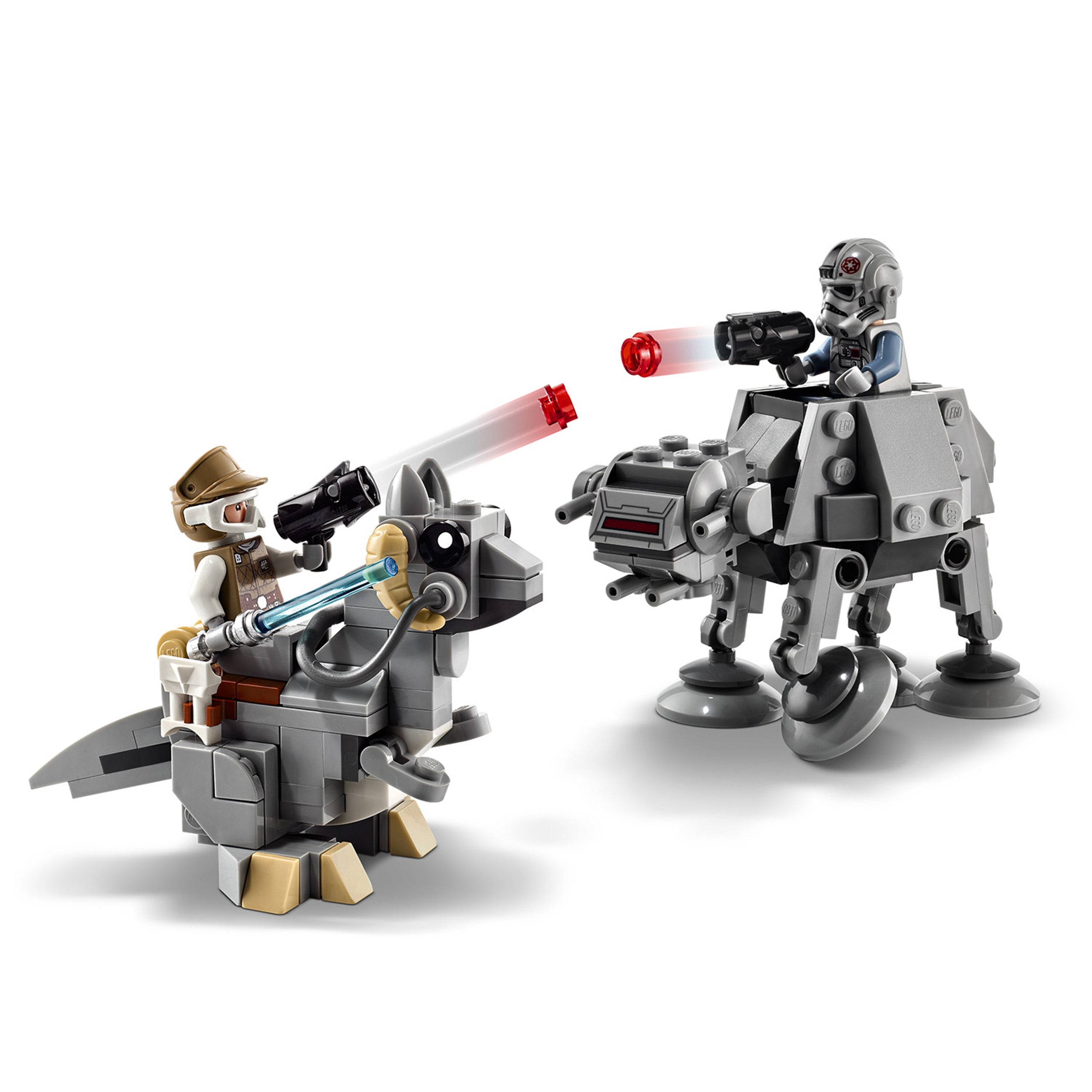 LEGO Star Wars AT-AT vs. Tauntaun Microfighters with Luke and AT-AT Driver minifigures in action.