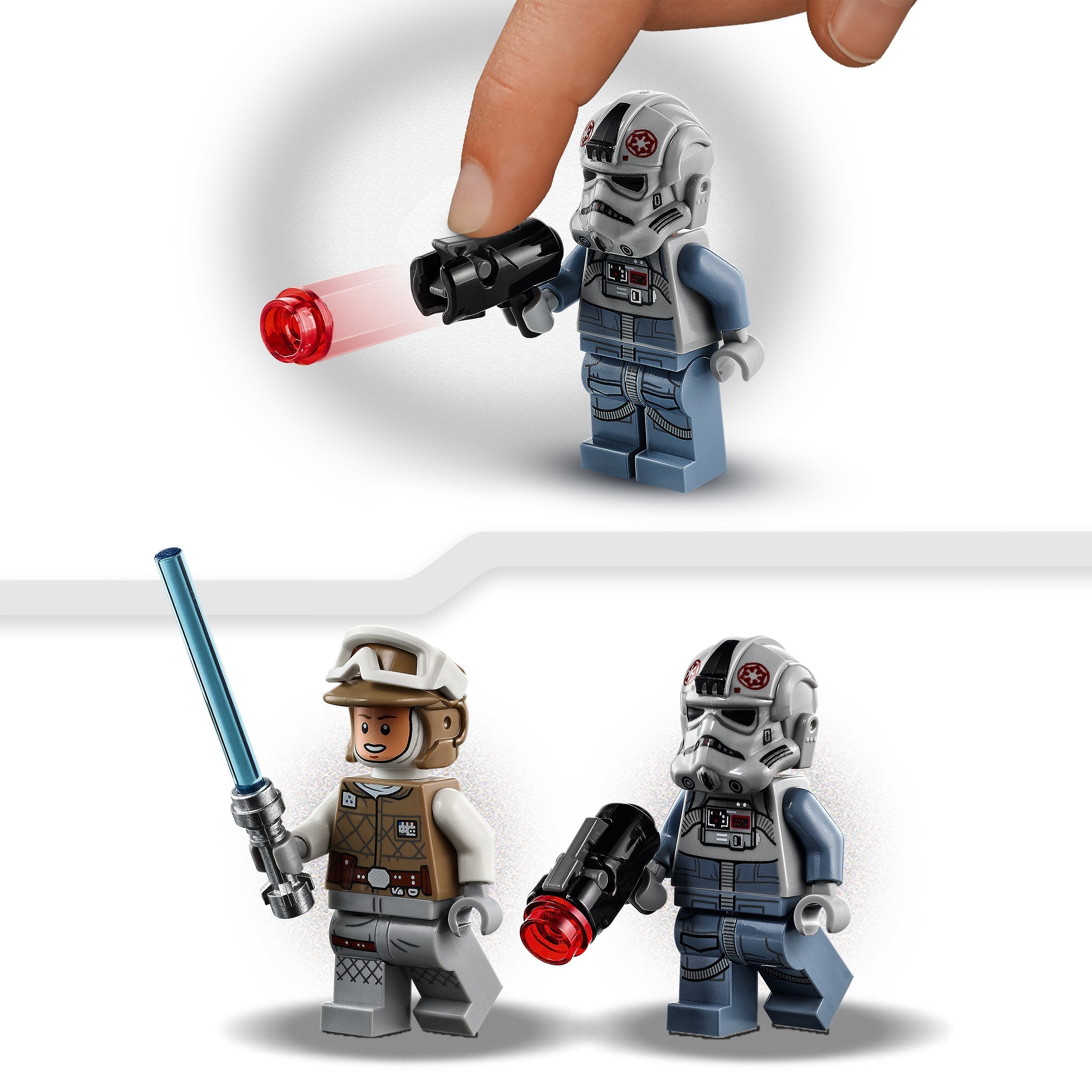 LEGO® Star Wars™ minifigures of Luke Skywalker and AT-AT Driver with accessories for play and battle scenarios.