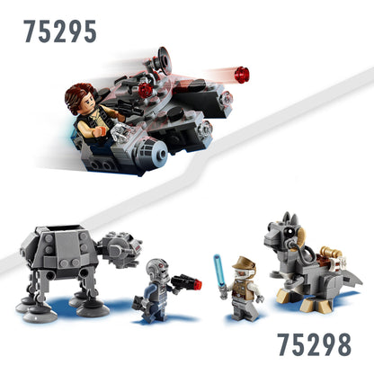 LEGO® Star Wars Microfighters set 75298 featuring AT-AT, Tauntaun, and minifigures of Luke and an AT-AT Driver.