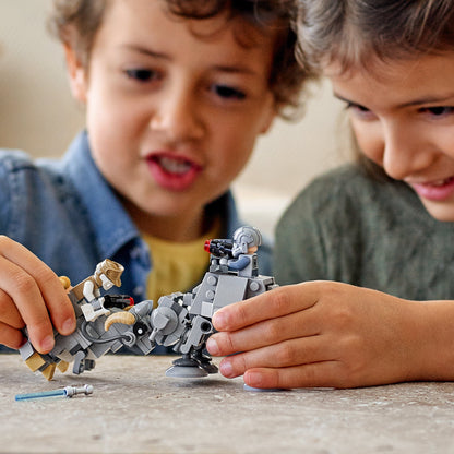 Kids playing with LEGO® Star Wars AT-AT and Tauntaun Microfighters, featuring minifigures in battle action.