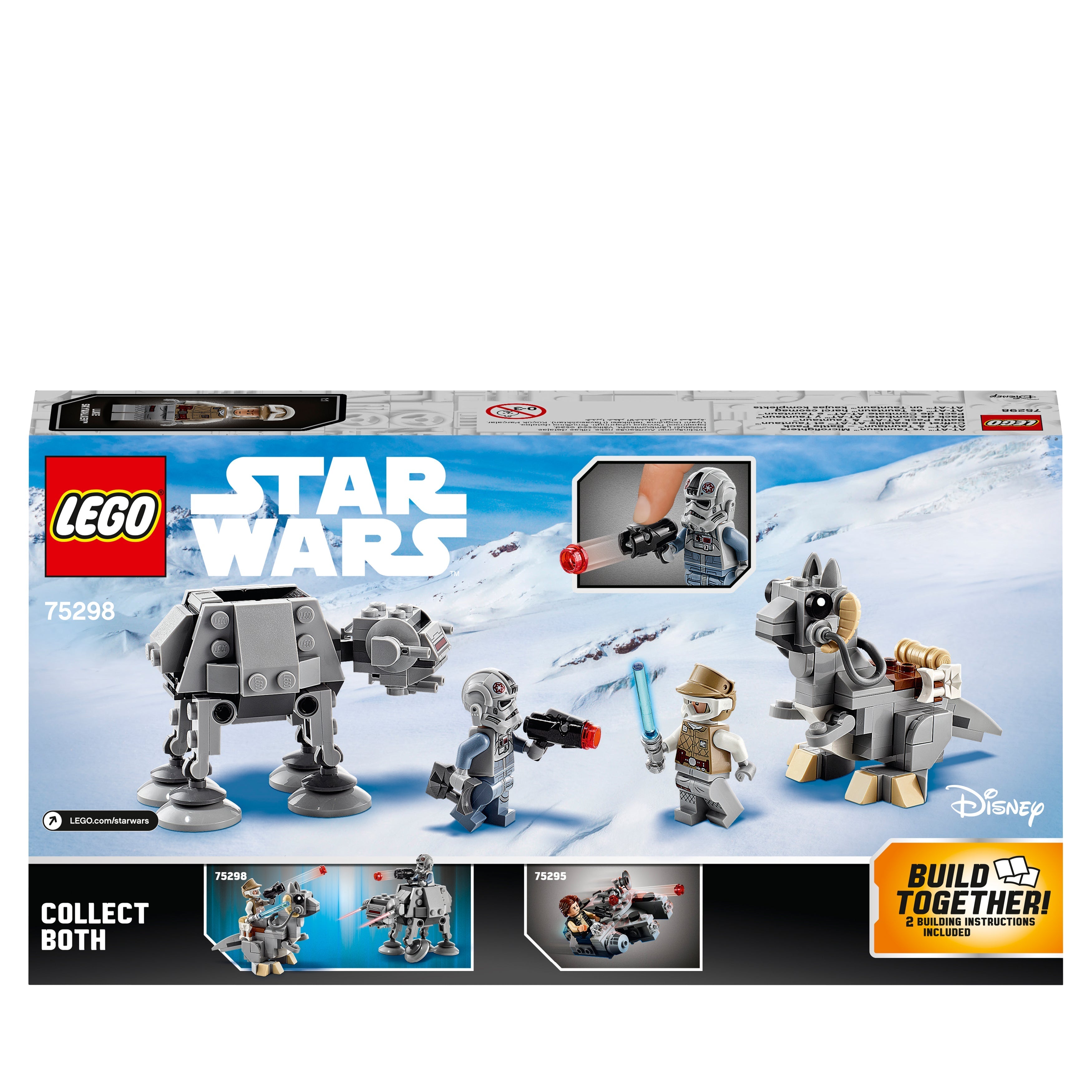 LEGO Star Wars AT-AT vs. Tauntaun Microfighters 75298 box featuring minifigures and building instructions.