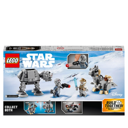 LEGO Star Wars AT-AT vs. Tauntaun Microfighters 75298 box featuring minifigures and building instructions.