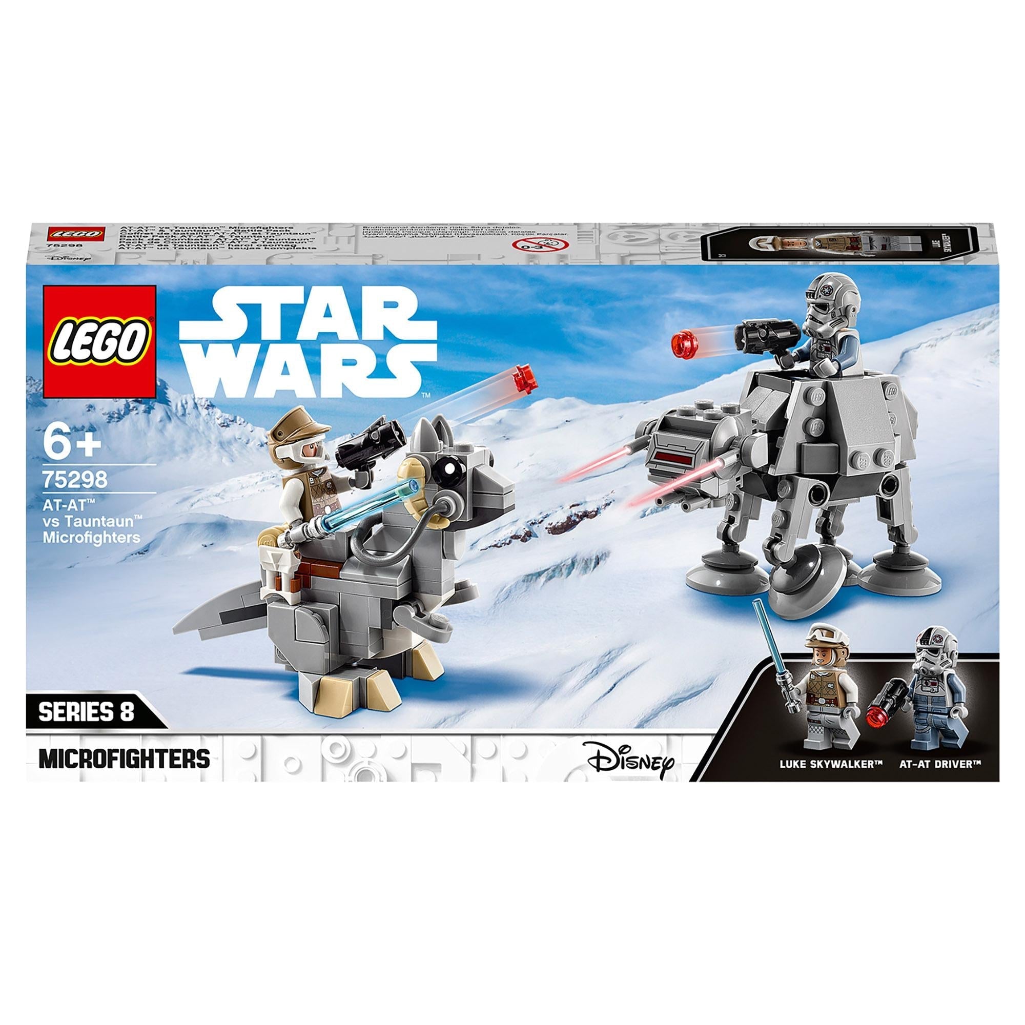 LEGO® Star Wars AT-AT vs. Tauntaun Microfighters set 75298 with Luke Skywalker and AT-AT Driver minifigures.