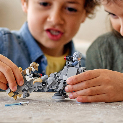 Kids playing with LEGO Star Wars AT-AT and Tauntaun Microfighters set, featuring minifigures and creative battle scenes.