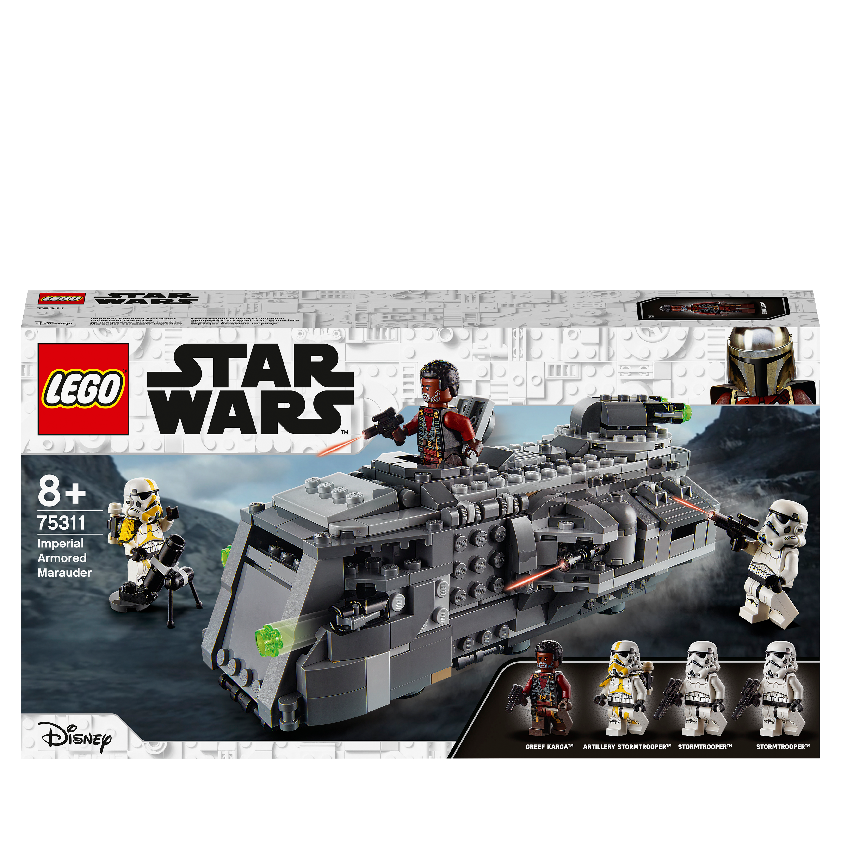 LEGO Star Wars Imperial Armoured Marauder Set 75311 featuring Stormtroopers and Greef Karga for epic battles.