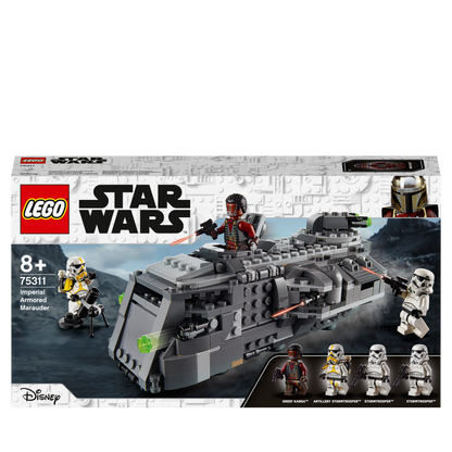 LEGO Star Wars Imperial Armoured Marauder Set 75311 featuring Stormtroopers and Greef Karga for epic battles.