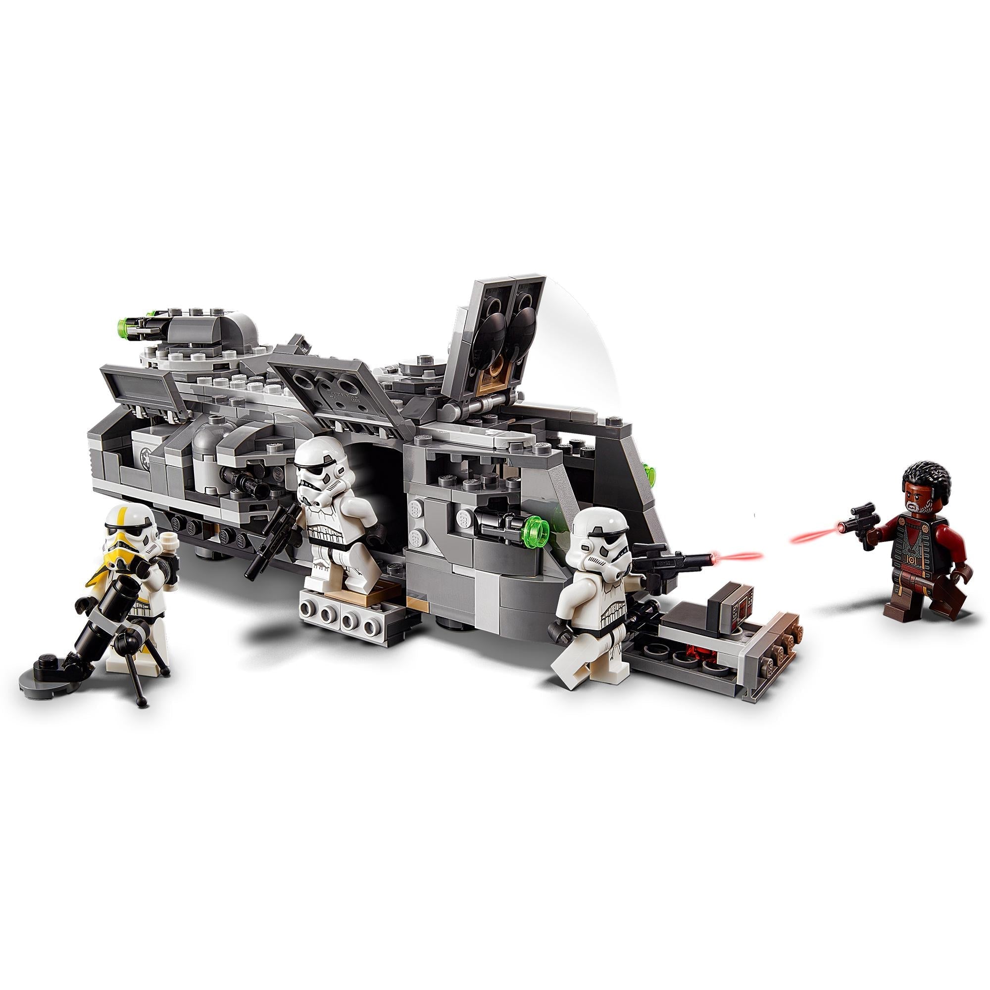 LEGO Star Wars Imperial Armoured Marauder Set 75311 with Stormtroopers and Greef Karga in action scene.