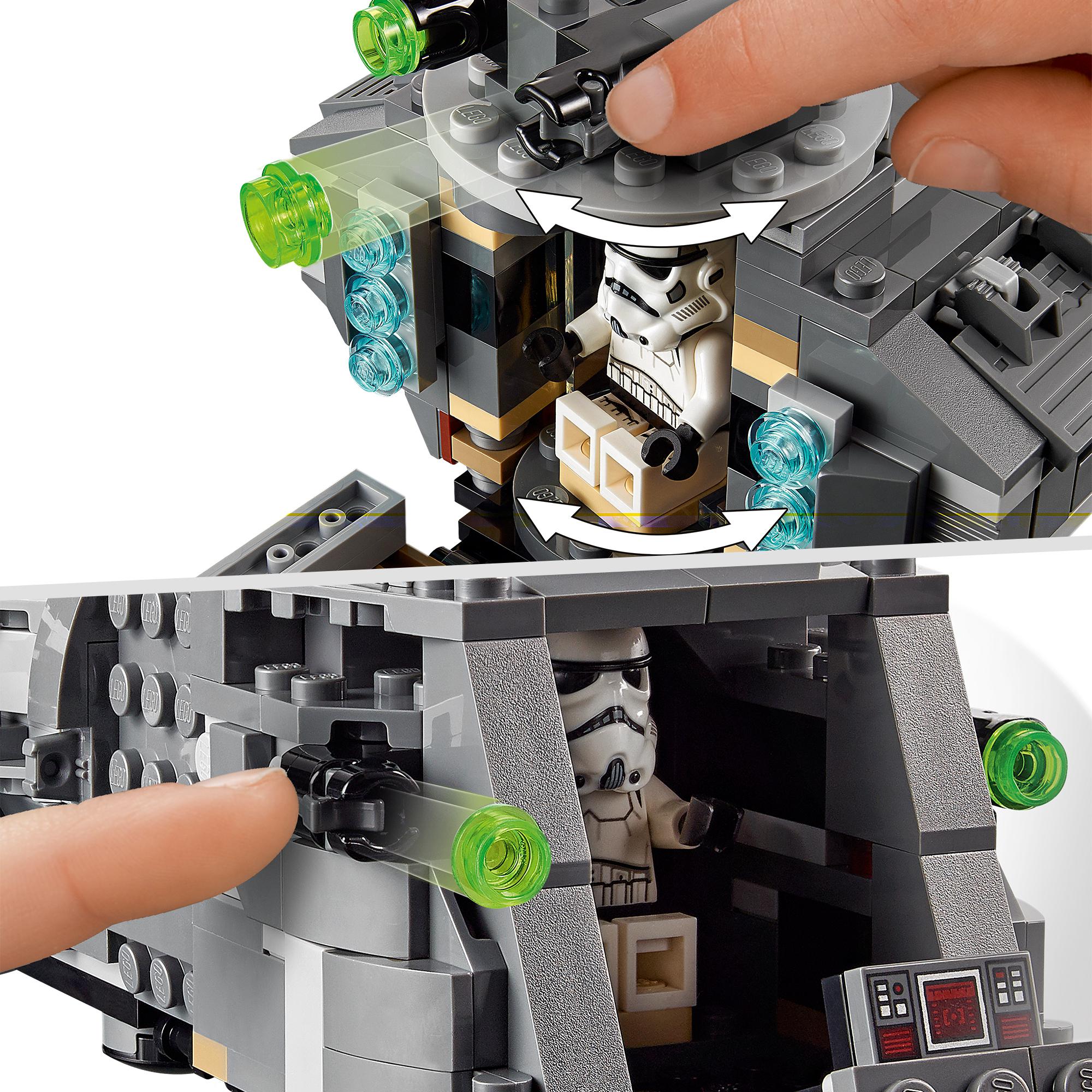 Child interacting with LEGO Star Wars Imperial Armoured Marauder Set 75311, featuring Stormtrooper and cockpit details.