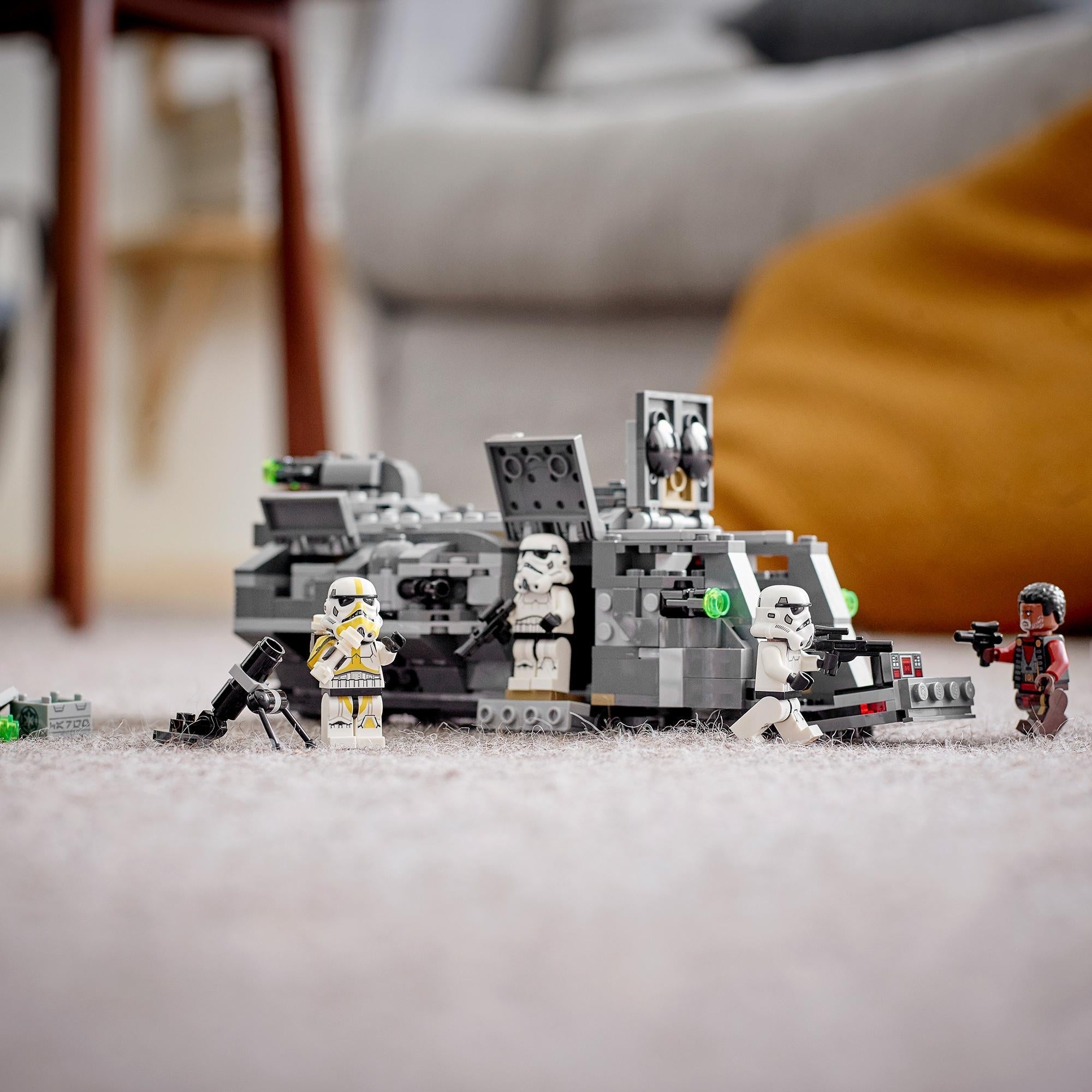 LEGO Star Wars Imperial Armoured Marauder Set 75311 with Stormtroopers and Greef Karga in action.