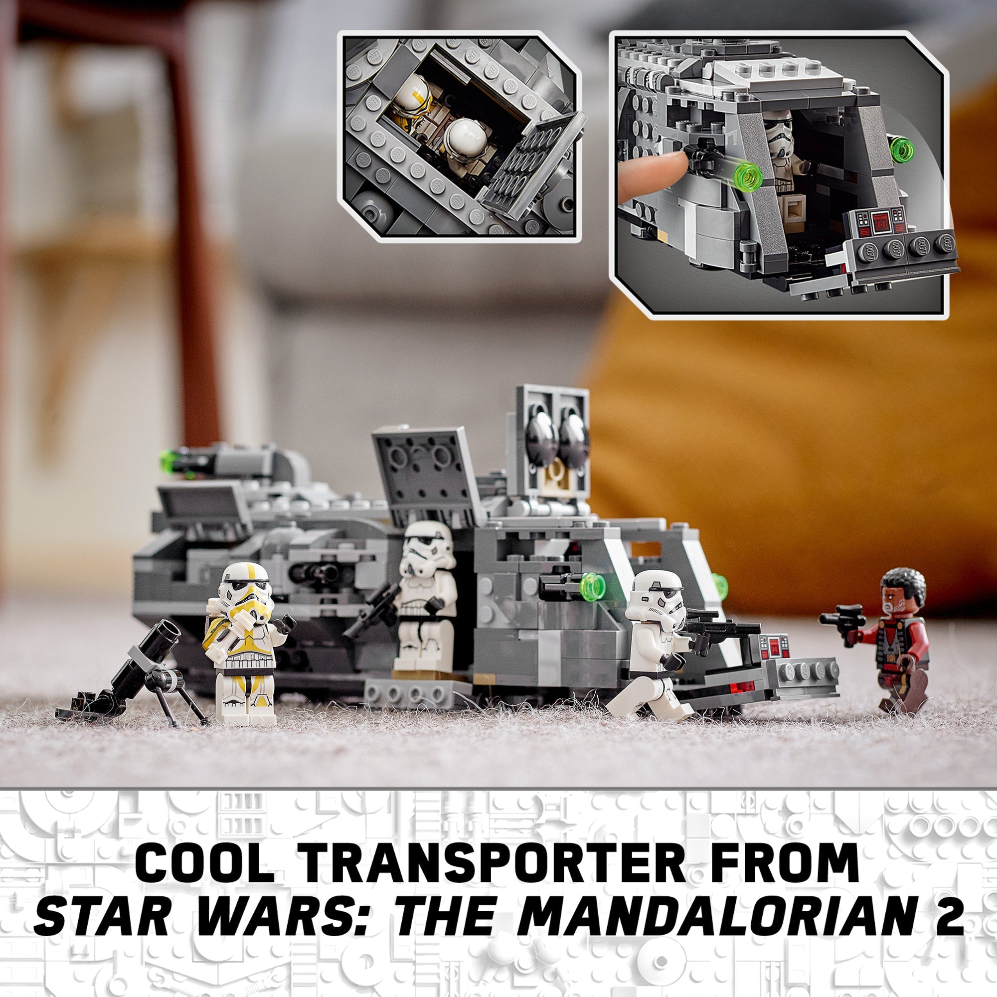 LEGO Star Wars Imperial Armoured Marauder Set 75311 with Stormtroopers and Greef Karga from The Mandalorian.