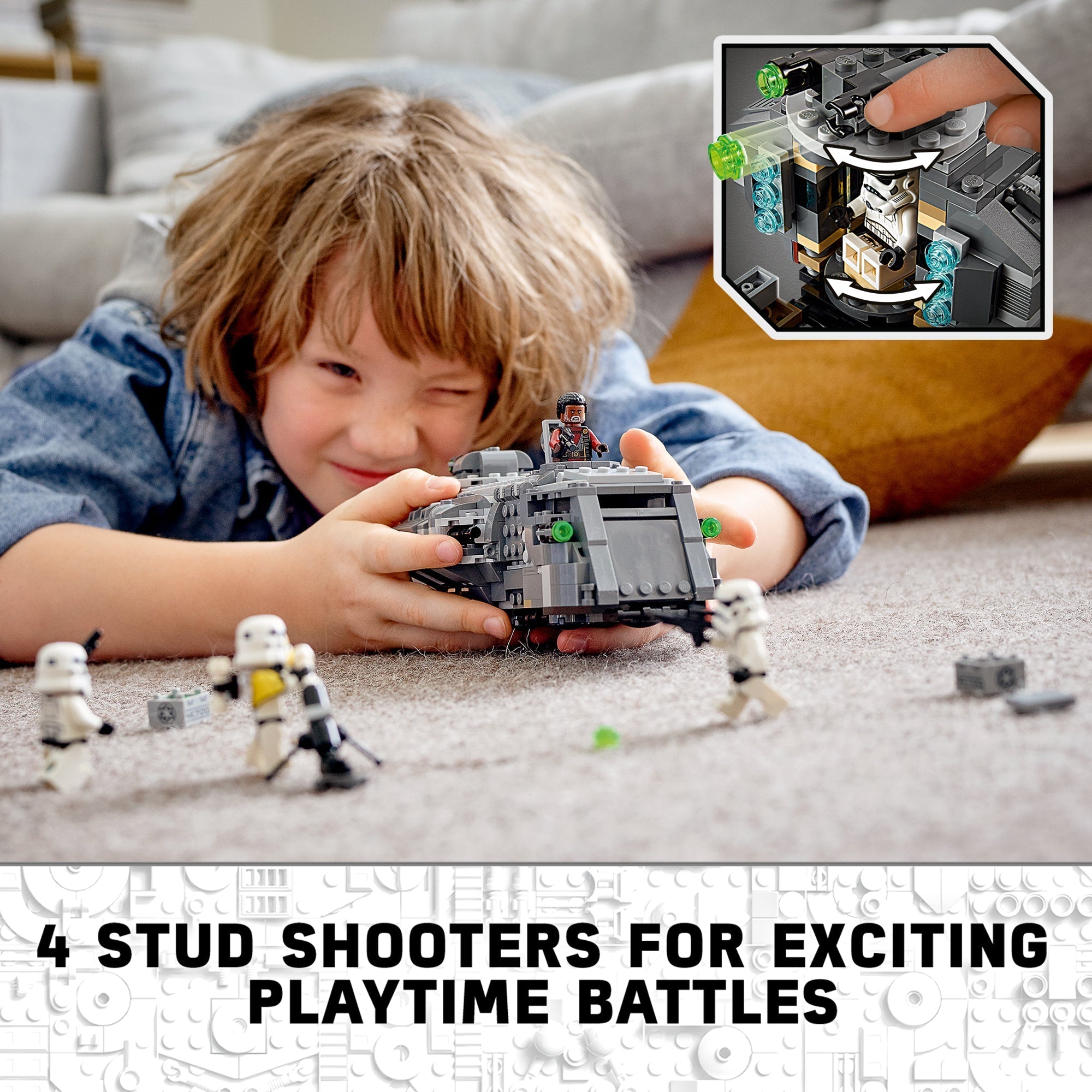 Child engaged with LEGO® Star Wars Imperial Armoured Marauder Set 75311, showcasing 4 stud shooters for play battles.