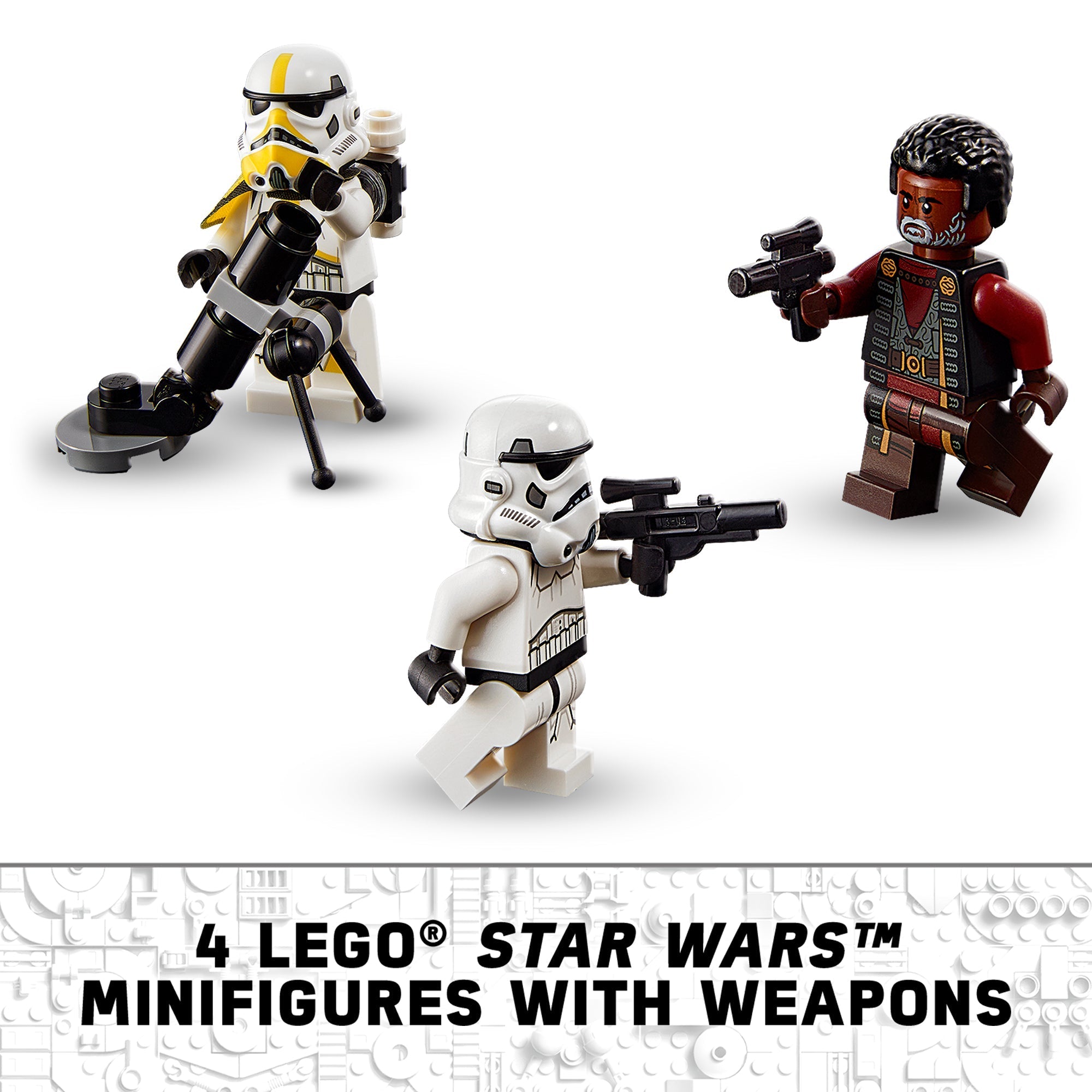 4 LEGO® Star Wars minifigures with weapons for epic battles inspired by The Mandalorian.