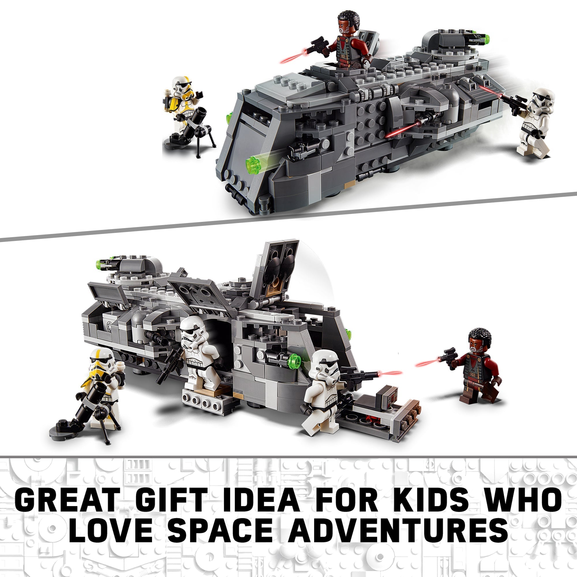LEGO Star Wars Imperial Armoured Marauder Set 75311 with Stormtroopers and Greef Karga for epic battles.