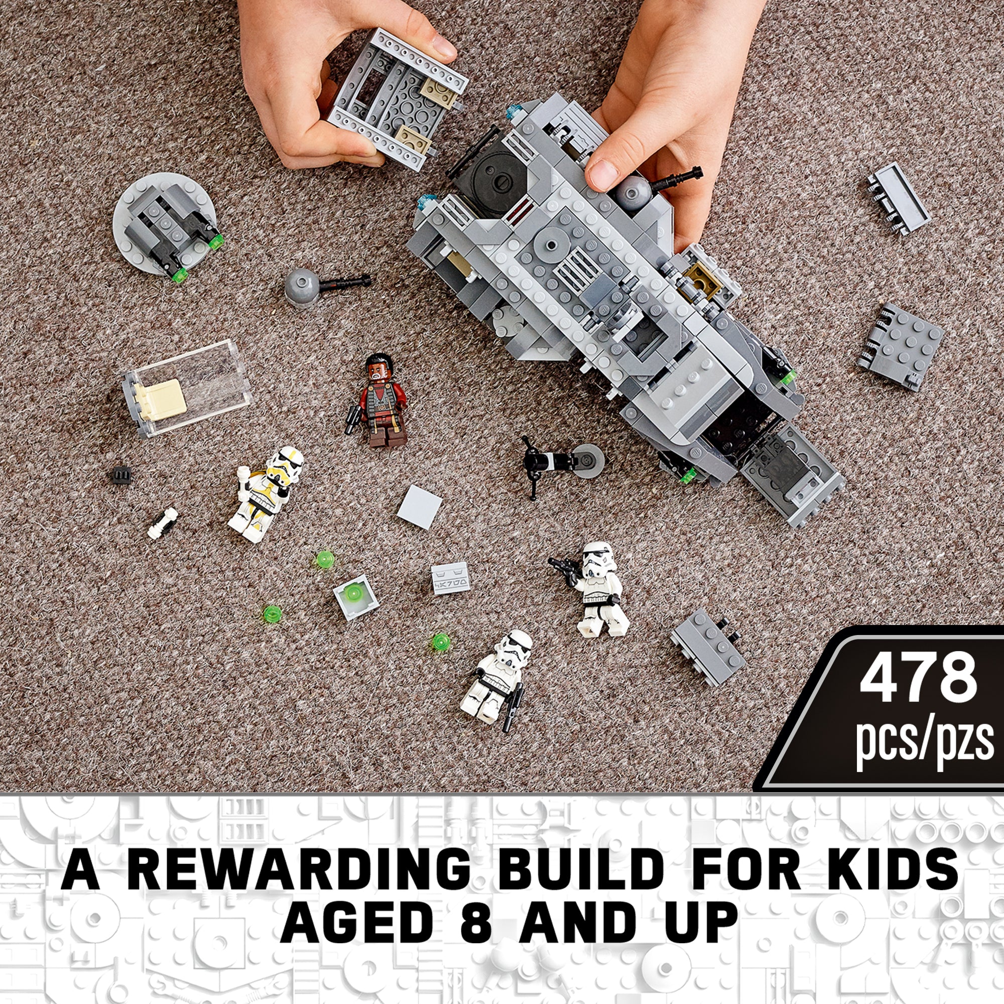 LEGO Star Wars Imperial Armoured Marauder set 75311 with Stormtroopers and Greef Karga, ideal for kids aged 8 and up.