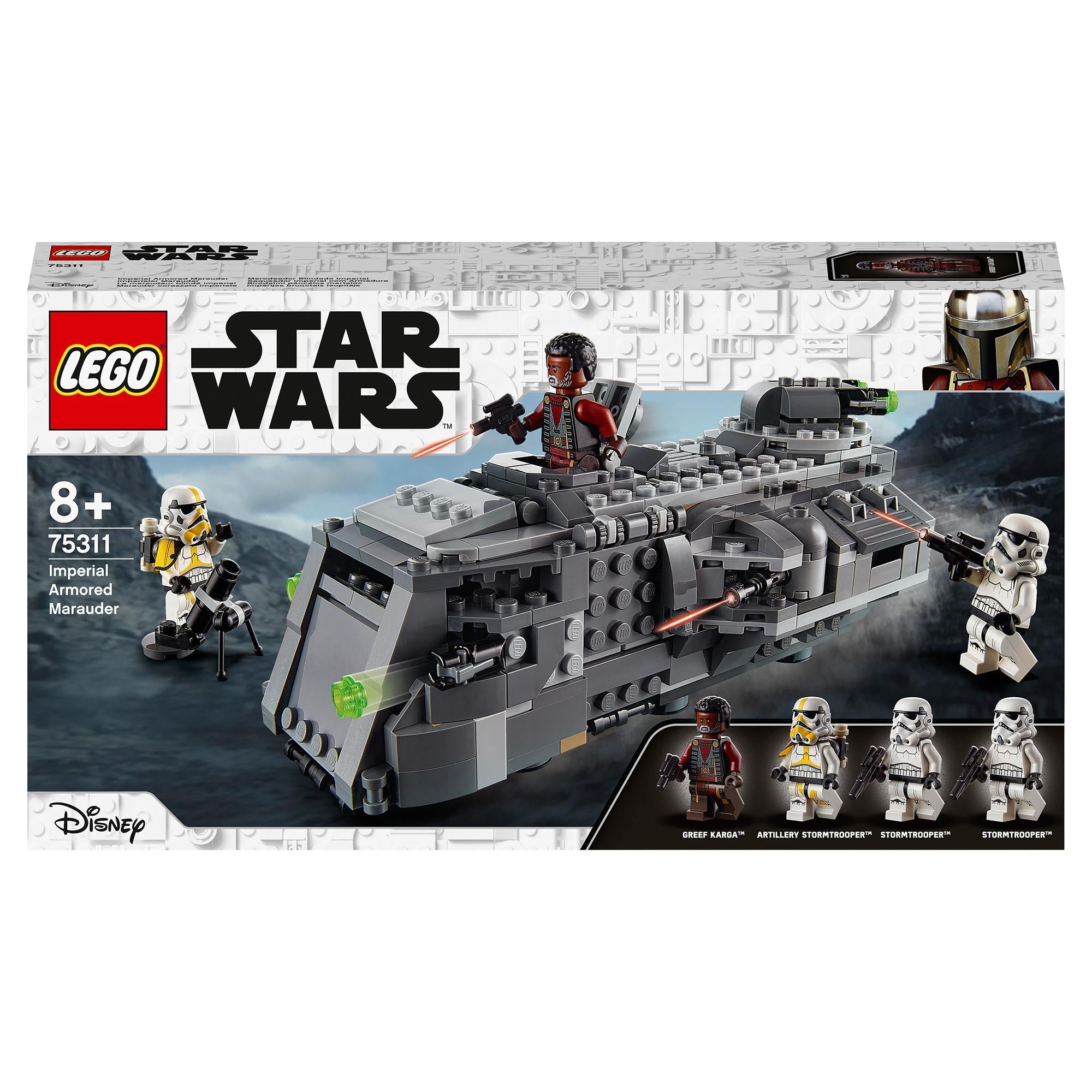 LEGO Star Wars Imperial Armoured Marauder Set 75311, featuring Stormtroopers and Greef Karga, ideal for fans age 8 and up.