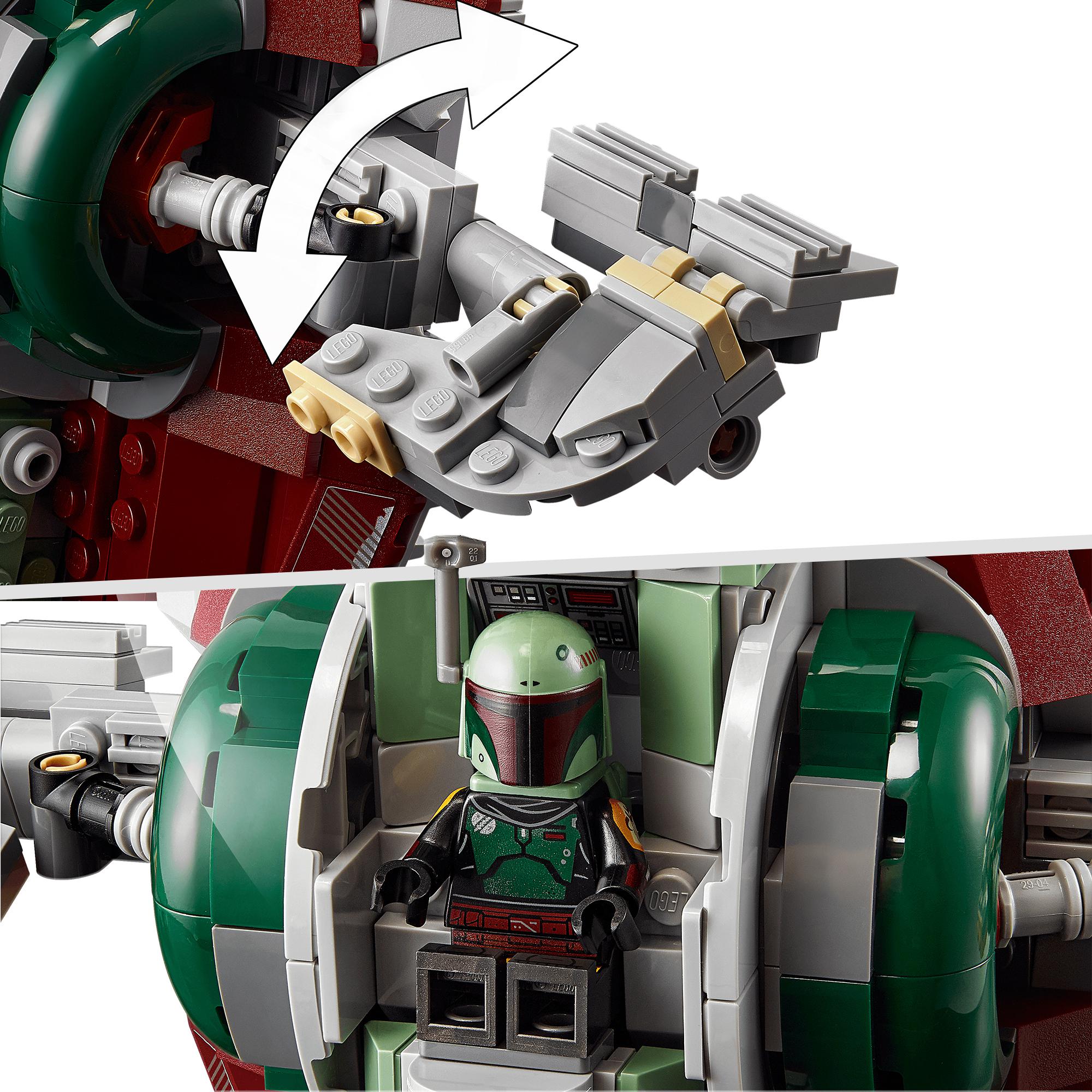 LEGO® Star Wars Boba Fett’s Starship Set 75312 with rotating wings and Boba Fett minifigure inside for play and display.