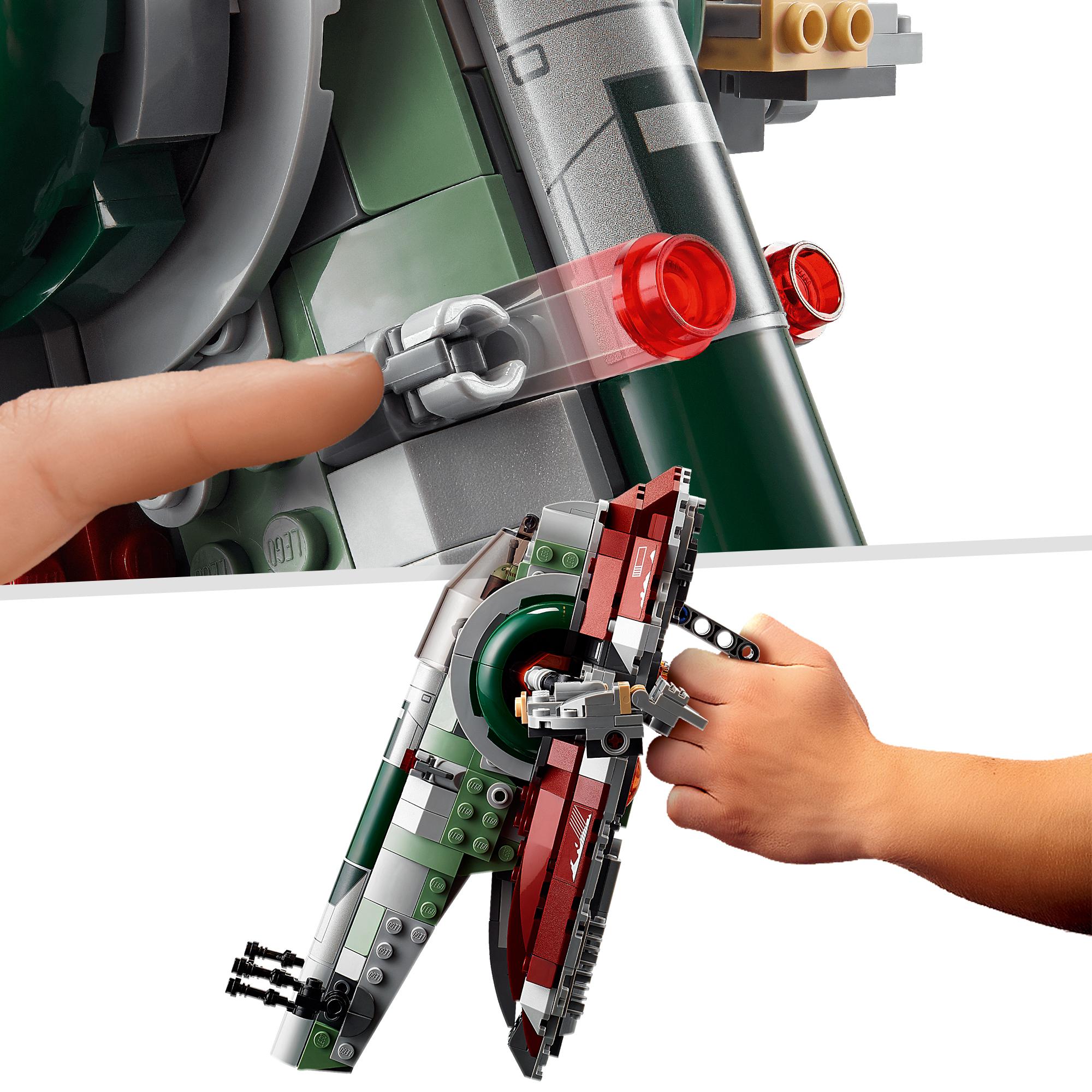 Close-up of LEGO® Star Wars Boba Fett's Starship set 75312, showcasing hands demonstrating its features and details.