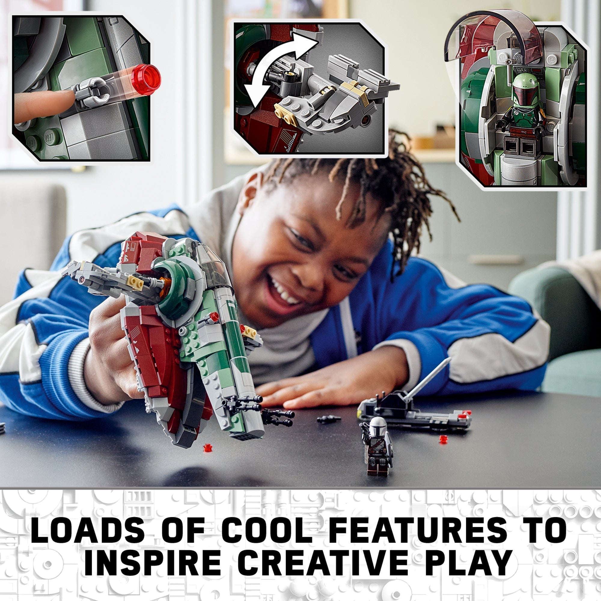 Child experiencing creative play with LEGO® Star Wars Boba Fett’s Starship set, showcasing interactive features.
