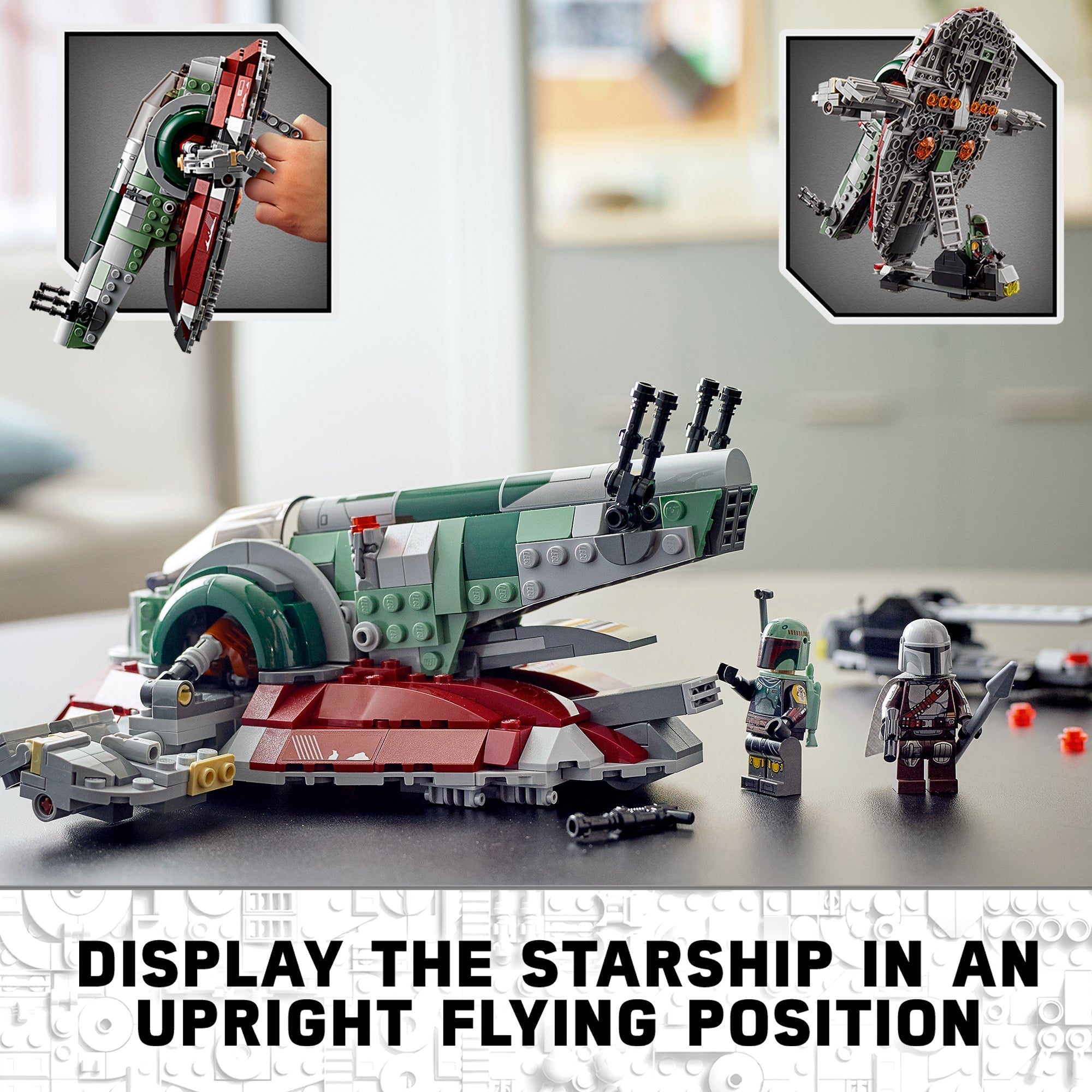 LEGO Star Wars Boba Fett's Starship Set 75312 displayed upright with Boba Fett minifigure for action and play.