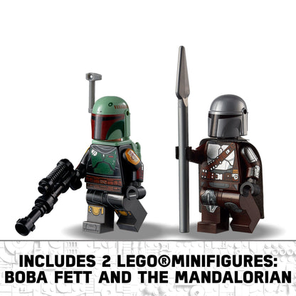 LEGO® minifigures of Boba Fett and The Mandalorian, perfect for Star Wars enthusiasts and collectors.