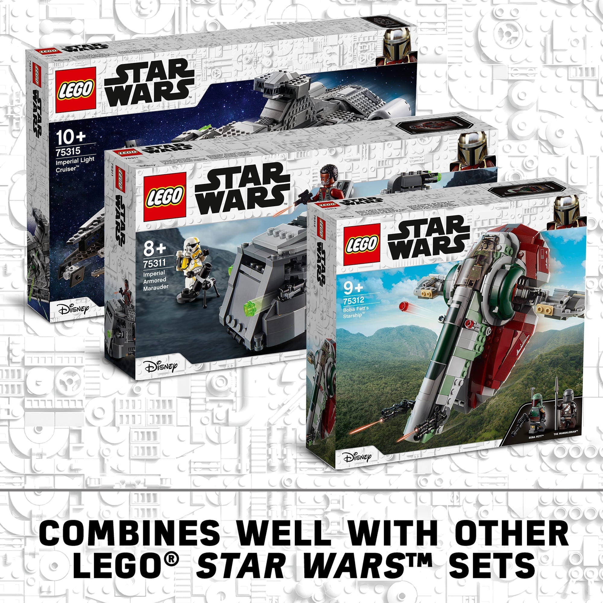 LEGO® Star Wars sets including Boba Fett's Starship 75312, perfect for fans of The Mandalorian and play integration.