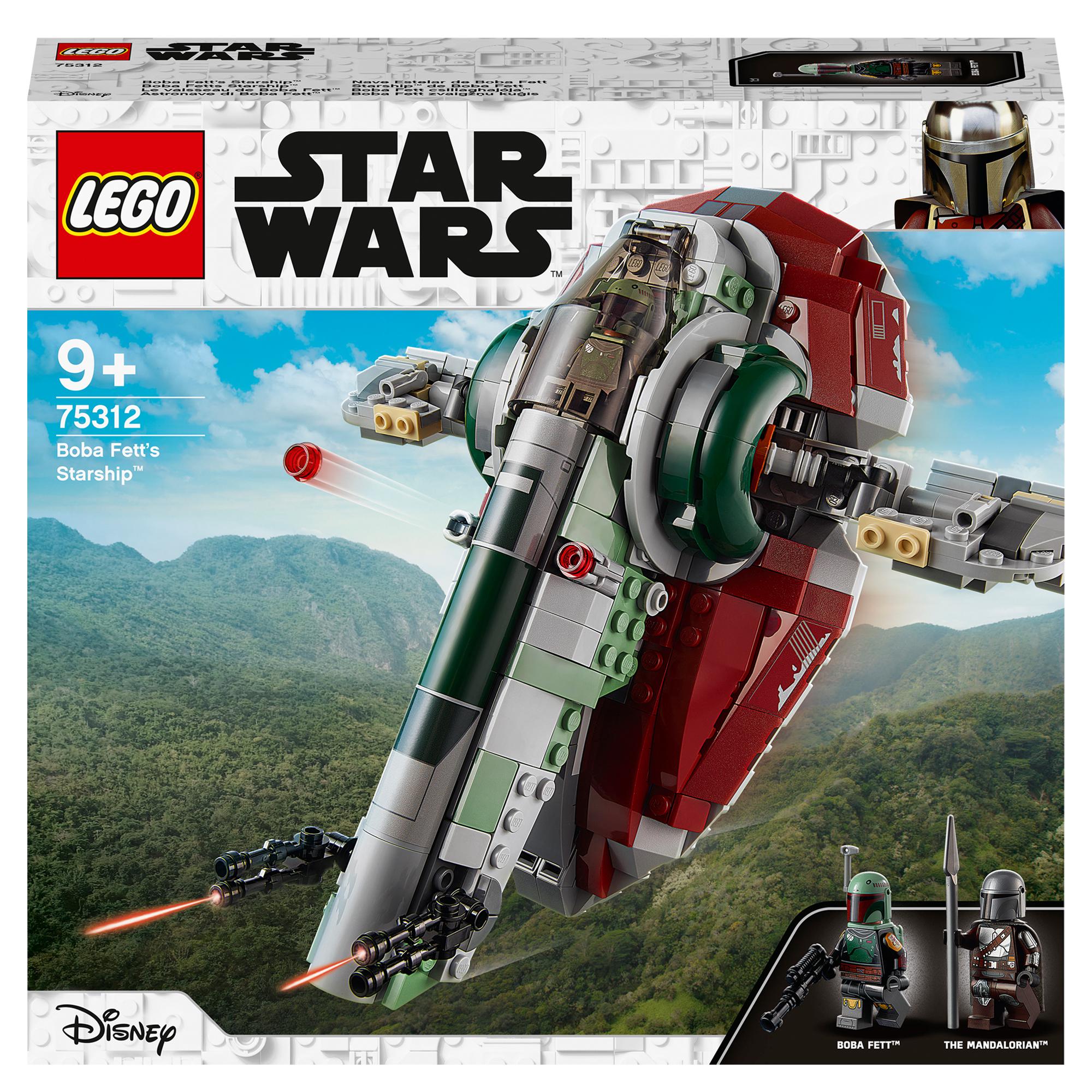 LEGO Star Wars Boba Fett’s Starship Set 75312 box showcasing the spaceship and characters from The Mandalorian.