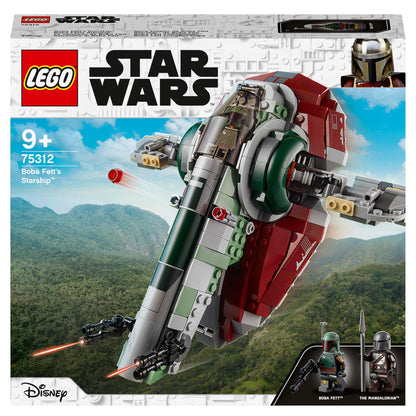 LEGO Star Wars Boba Fett’s Starship Set 75312 box showcasing the spaceship and characters from The Mandalorian.