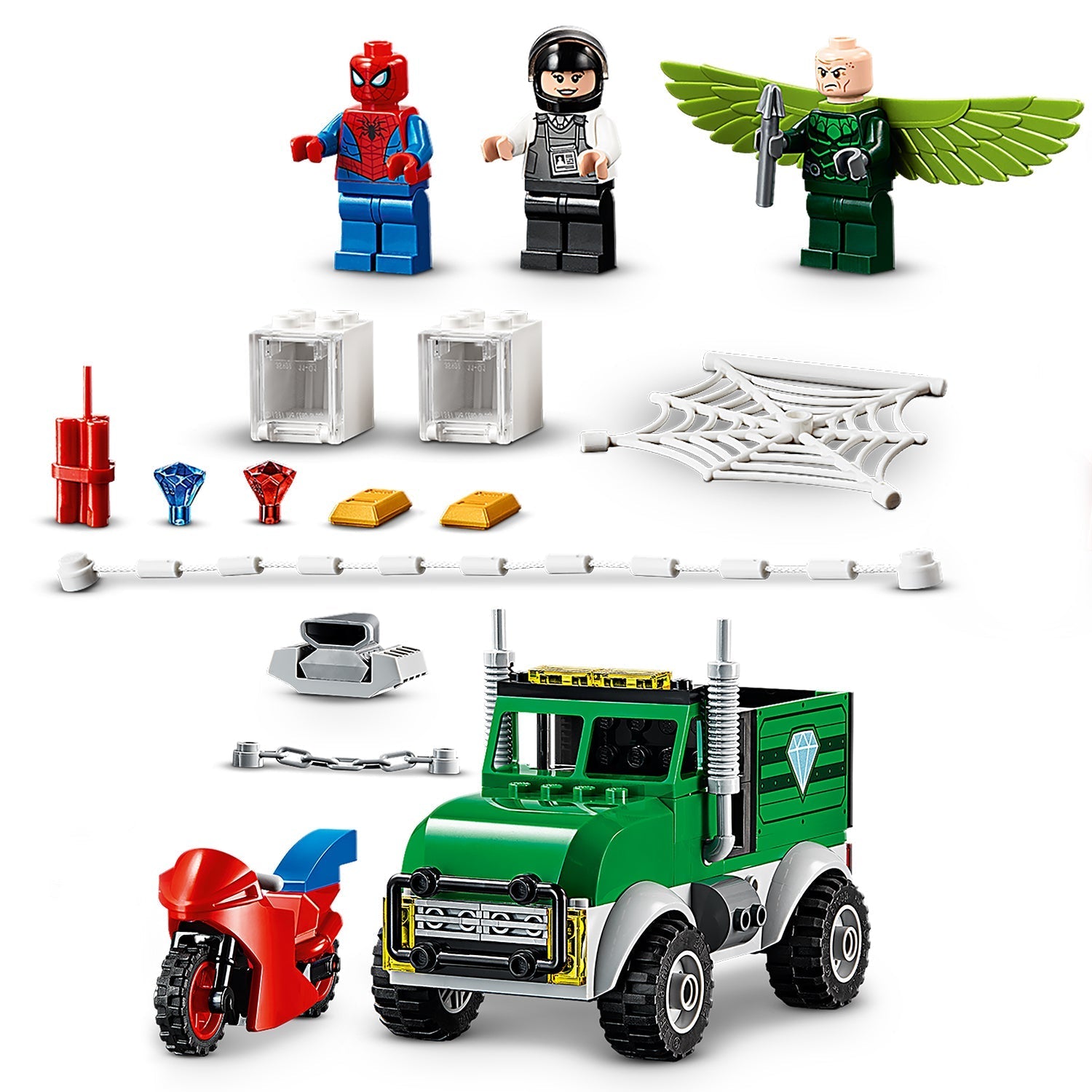 LEGO® Marvel Spider-Man Trucker Robbery Set 76147 with Spider-Man, Vulture, bank truck, and accessories.