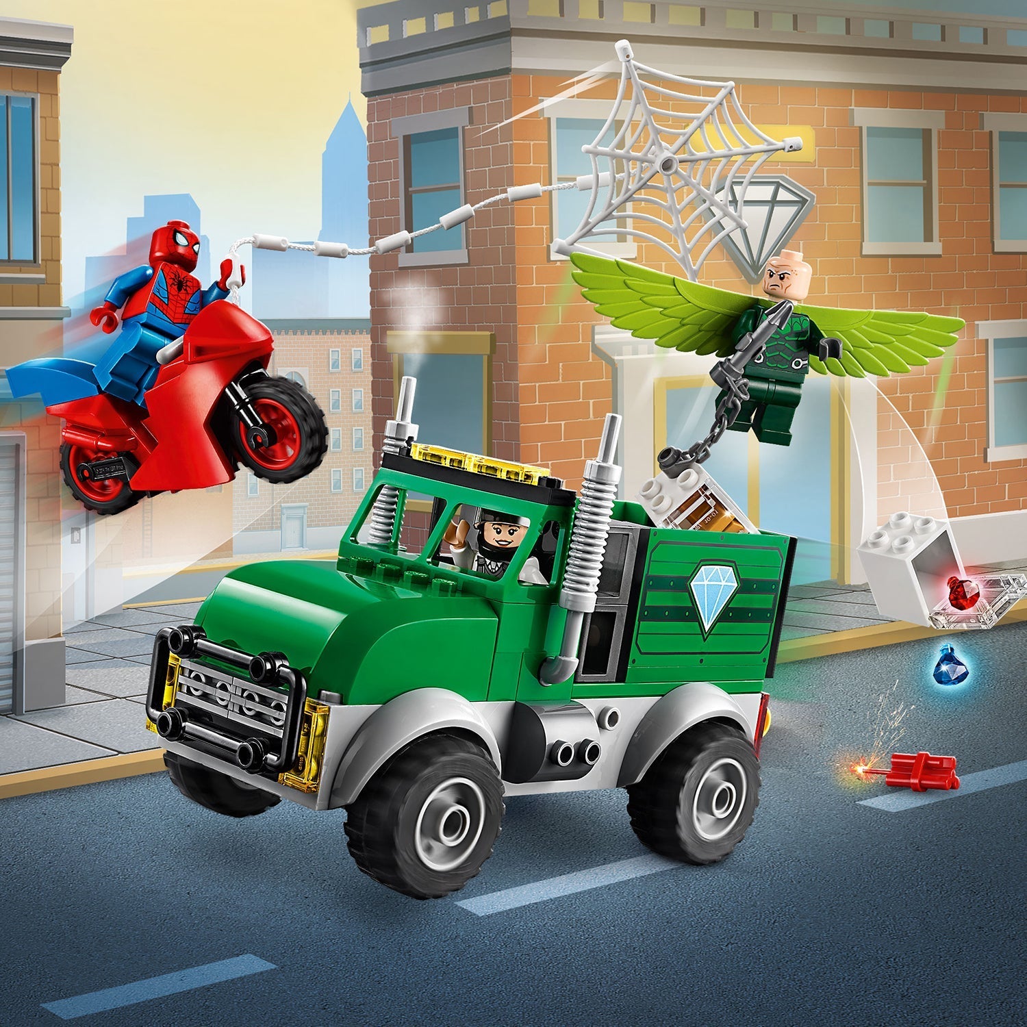 LEGO Marvel Spider-Man set featuring Spider-Man and Vulture in a truck robbery scene with jewels.