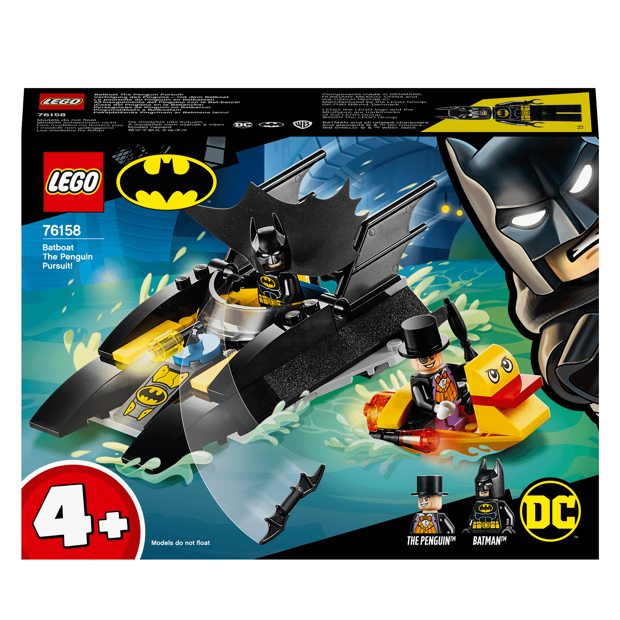 LEGO® DC Batman Batboat The Penguin Pursuit Toy 76158 featuring Batman and The Penguin minifigures in action.