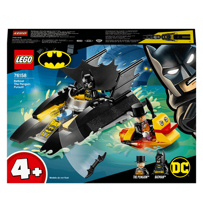 LEGO® DC Batman Batboat The Penguin Pursuit Toy 76158 featuring Batman and The Penguin minifigures in action.